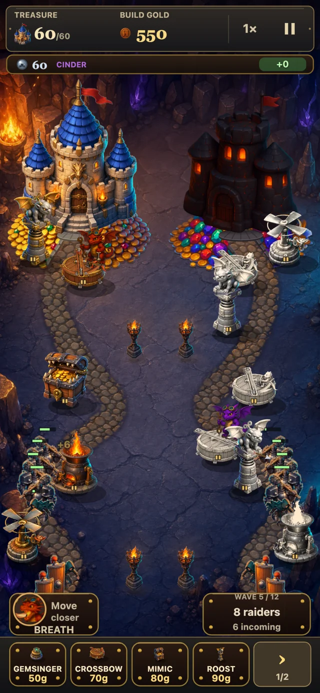 A cavern split in two: a blue-roofed castle on gold at the top left and a dark castle on a pile of gems at the top right, with raiders marching up both roads past bronze machines on the left and silver machines on the right, where a purple dragon crews one of them. A bar reads 60 Cinder.