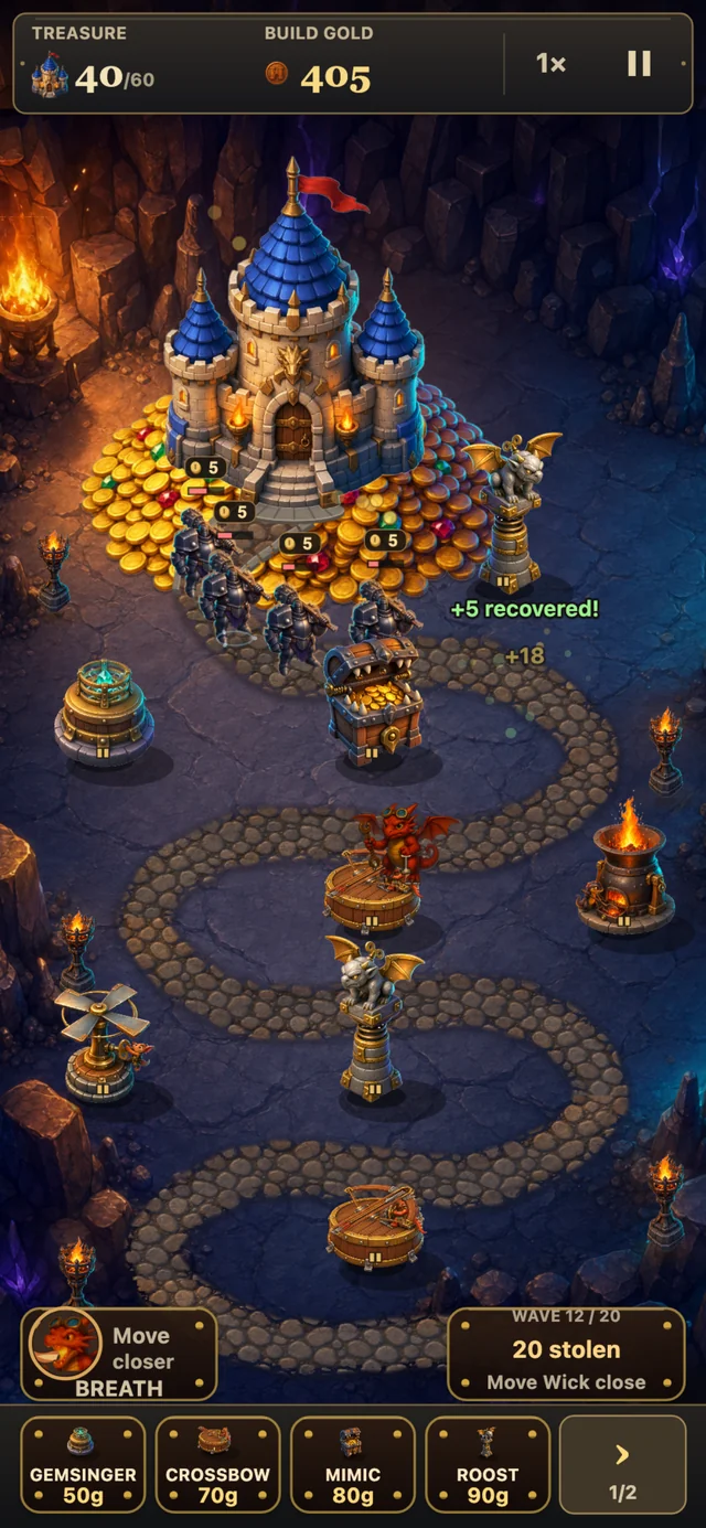 Wave 12 of 20: four armored raiders, each with a 5-coin badge over its head, carry their loot away from the castle's gold pile past a toothed treasure chest, while '+5 recovered!' rises beside them where the defenses have just stopped a carrier and sent its coins home. Treasure reads 40 of 60 and the wave panel reads 20 stolen.