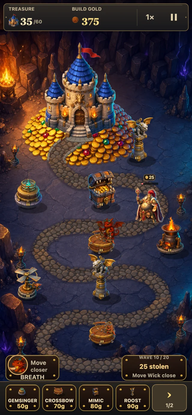 Wave 10 of 20: a crowned raider in gold armor and a red cape walks back down the road from the castle's coin pile with a 25-coin badge over his head, while the red dragon crews a crossbow in the middle of the board. Treasure reads 35 of 60 and the wave panel reads 25 stolen.