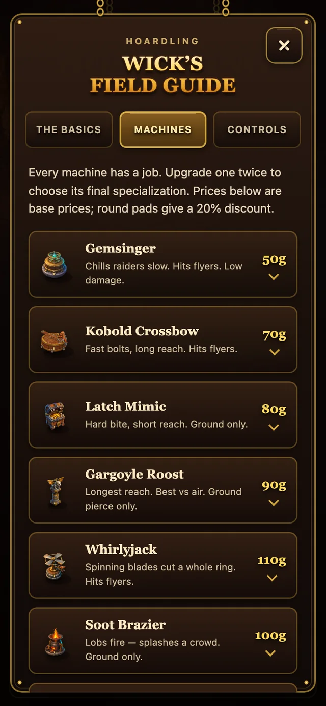 Wick's field guide open on its Machines tab, listing Gemsinger, Kobold Crossbow, Latch Mimic, Gargoyle Roost, Whirlyjack and Soot Brazier with their prices and short roles.