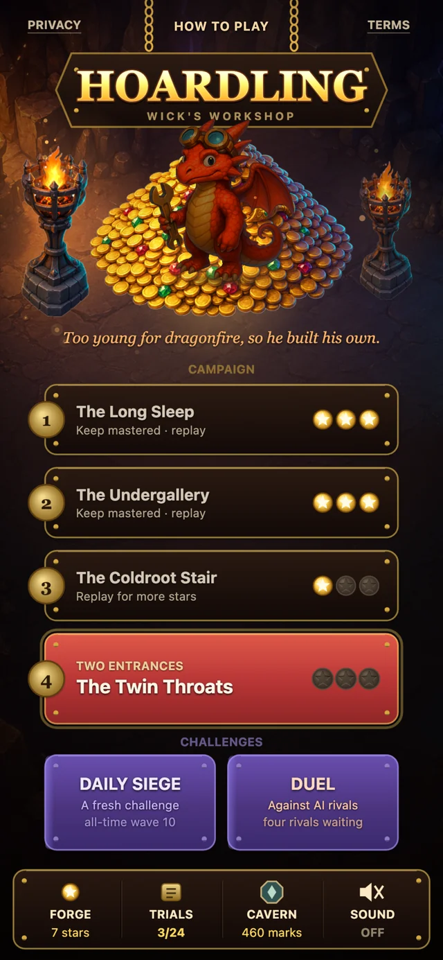 The Hoardling title screen: a small red dragon in goggles holding a wrench stands on a heap of gold between two lit braziers, under a sign reading Hoardling, Wick's Workshop. Below are the four campaign keeps with their stars, unearned ones shown as empty sockets, and buttons for Daily Siege and Duel.