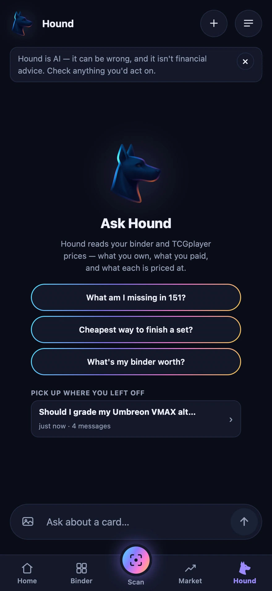 Hound — the AI companion's opening screen, with its AI disclosure, three starter questions, and a conversation to pick up where you left off