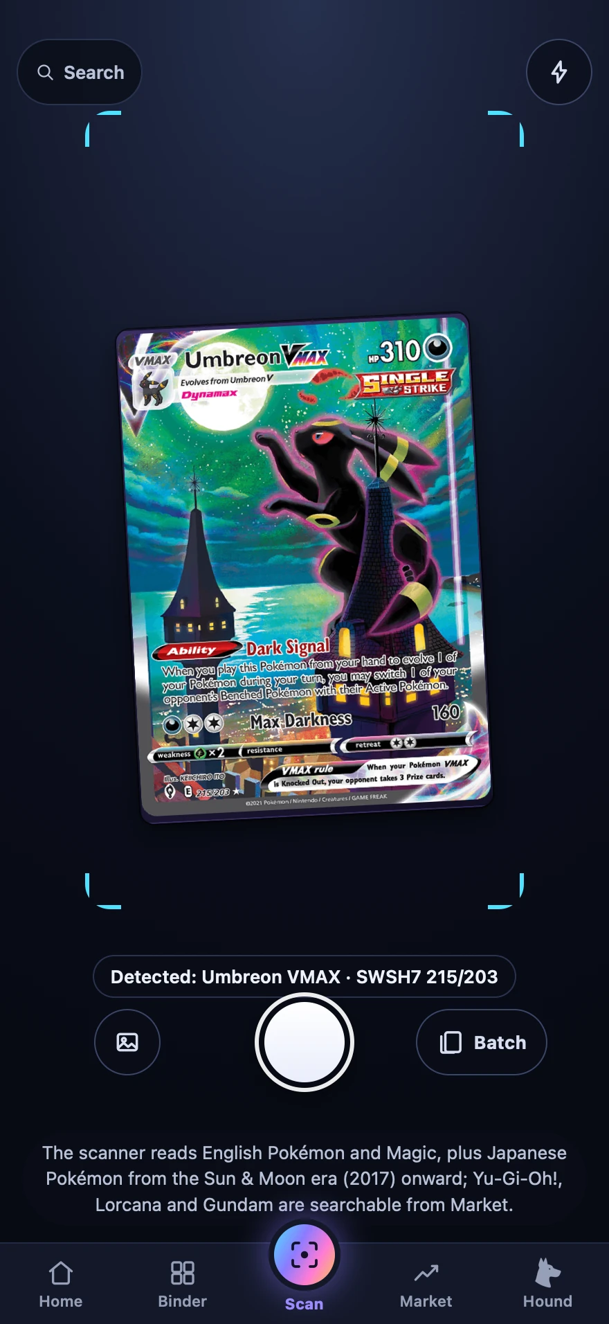 Scan — a full-screen viewfinder that identifies a card on-device
