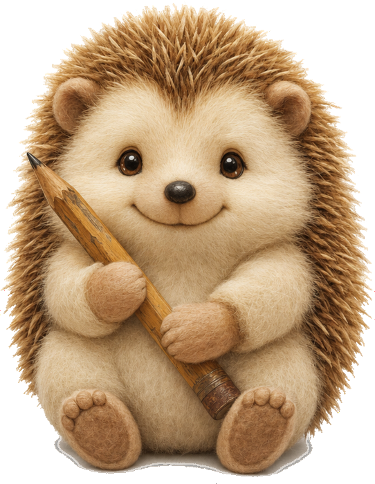 Loam, a plush hedgehog companion holding a pencil