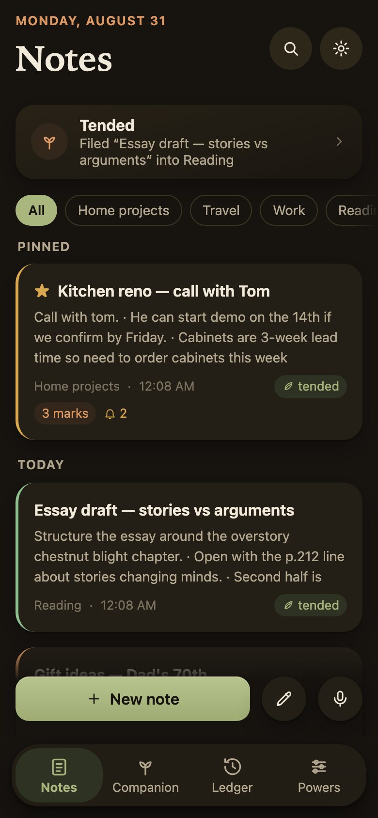The Notes pile in the dark scheme