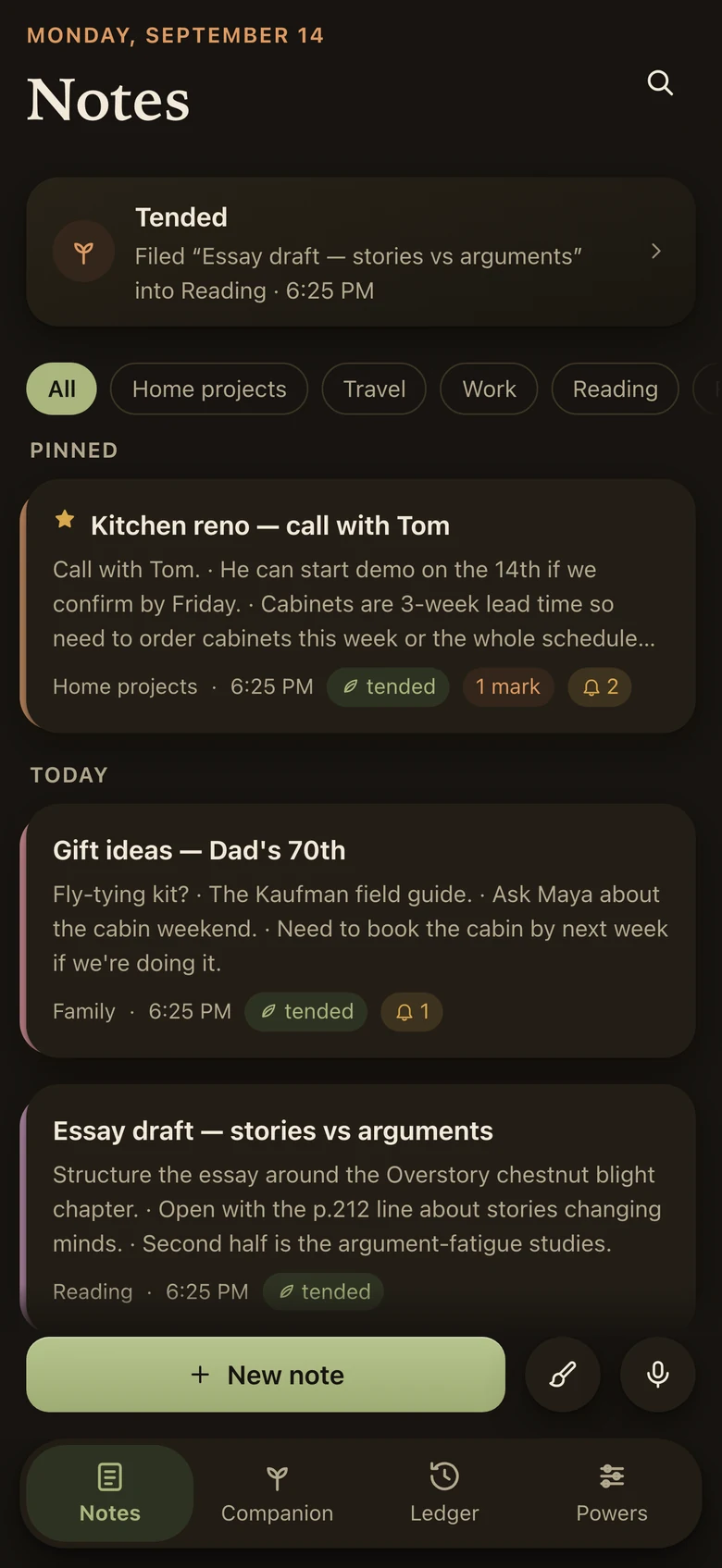 The Notes pile in the dark scheme