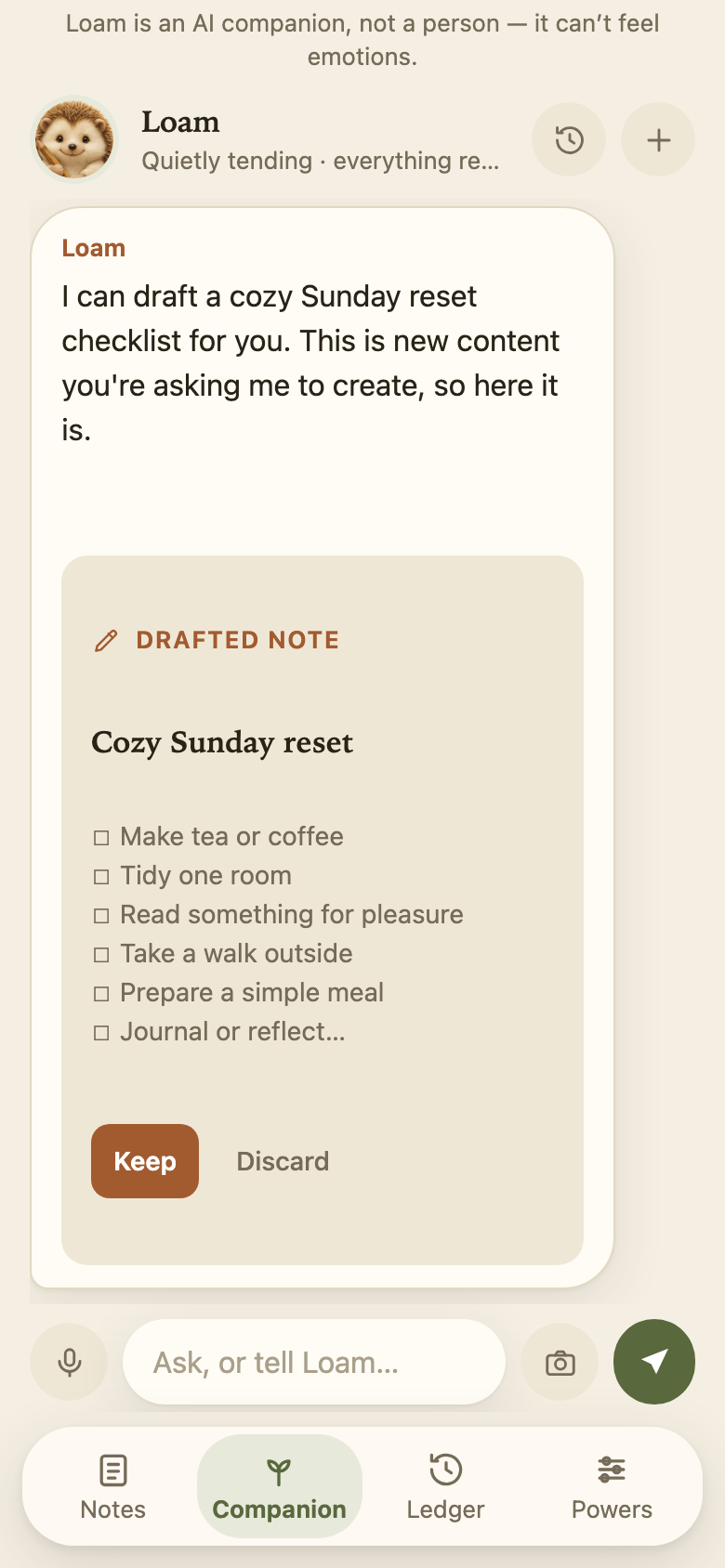 The companion chat drafting a checklist note with Keep and Discard buttons