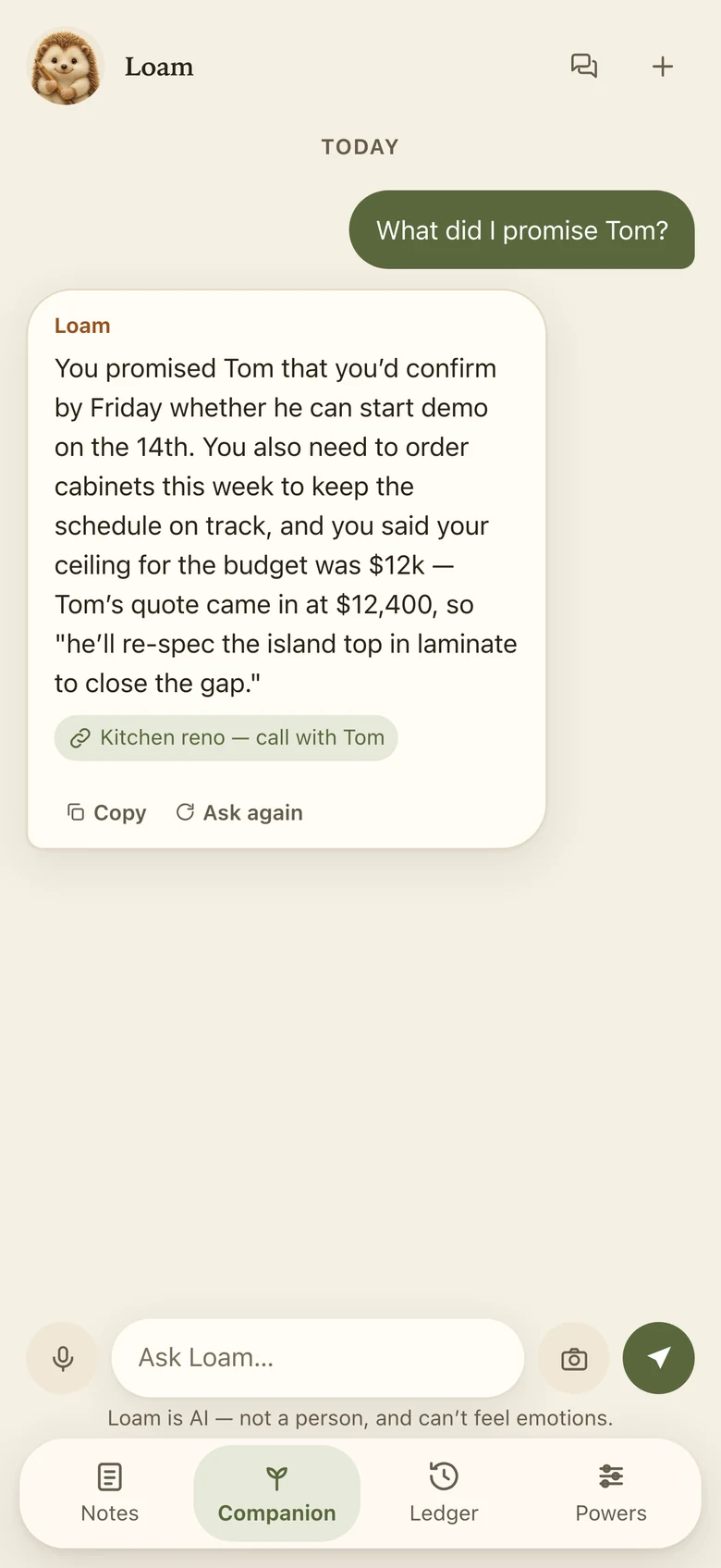 The companion answering "What did I promise Tom?" from your notes — the demo date, the cabinets and the budget ceiling — citing the Kitchen reno note, with Copy and Ask again