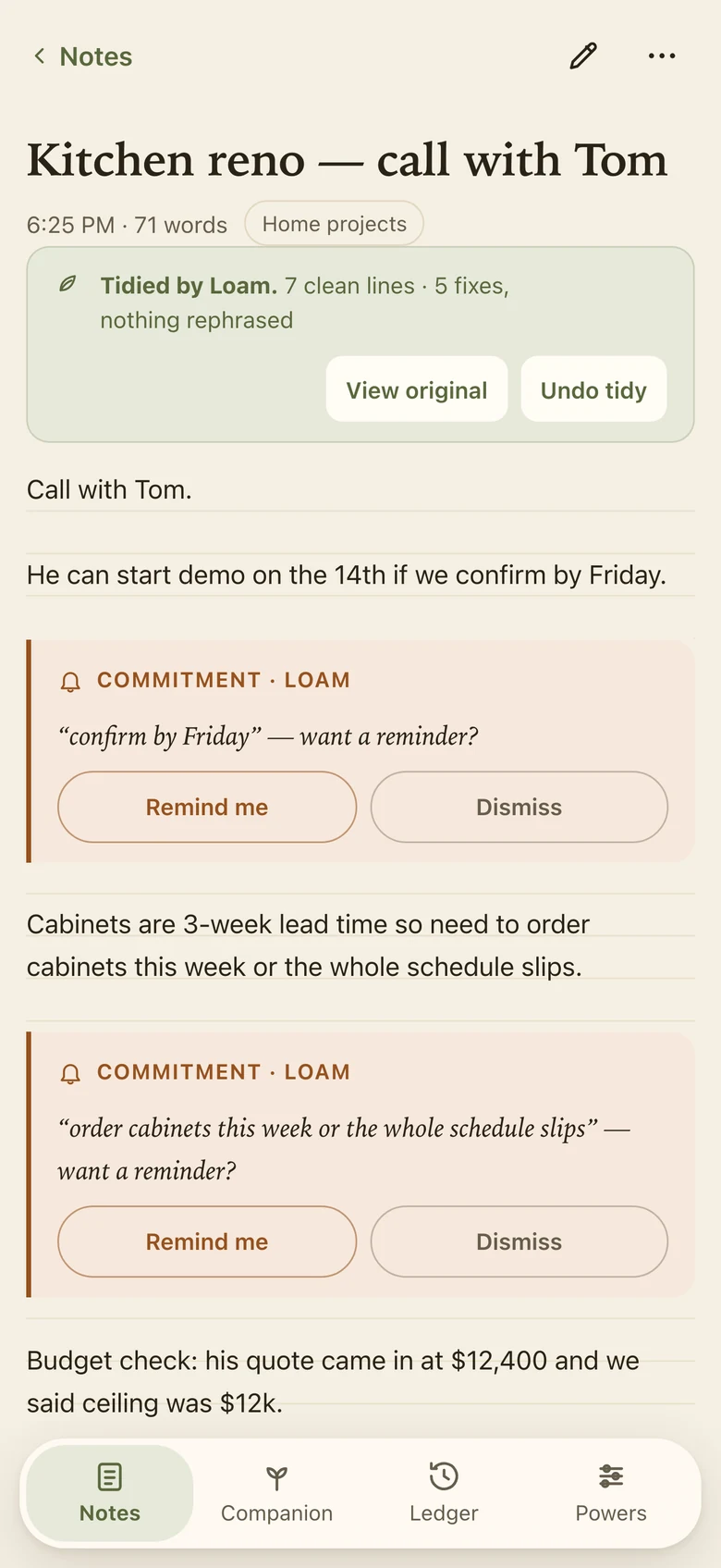 A note tidied by Loam with a banner offering View original and Undo tidy, and commitment marks offering Remind me or Dismiss
