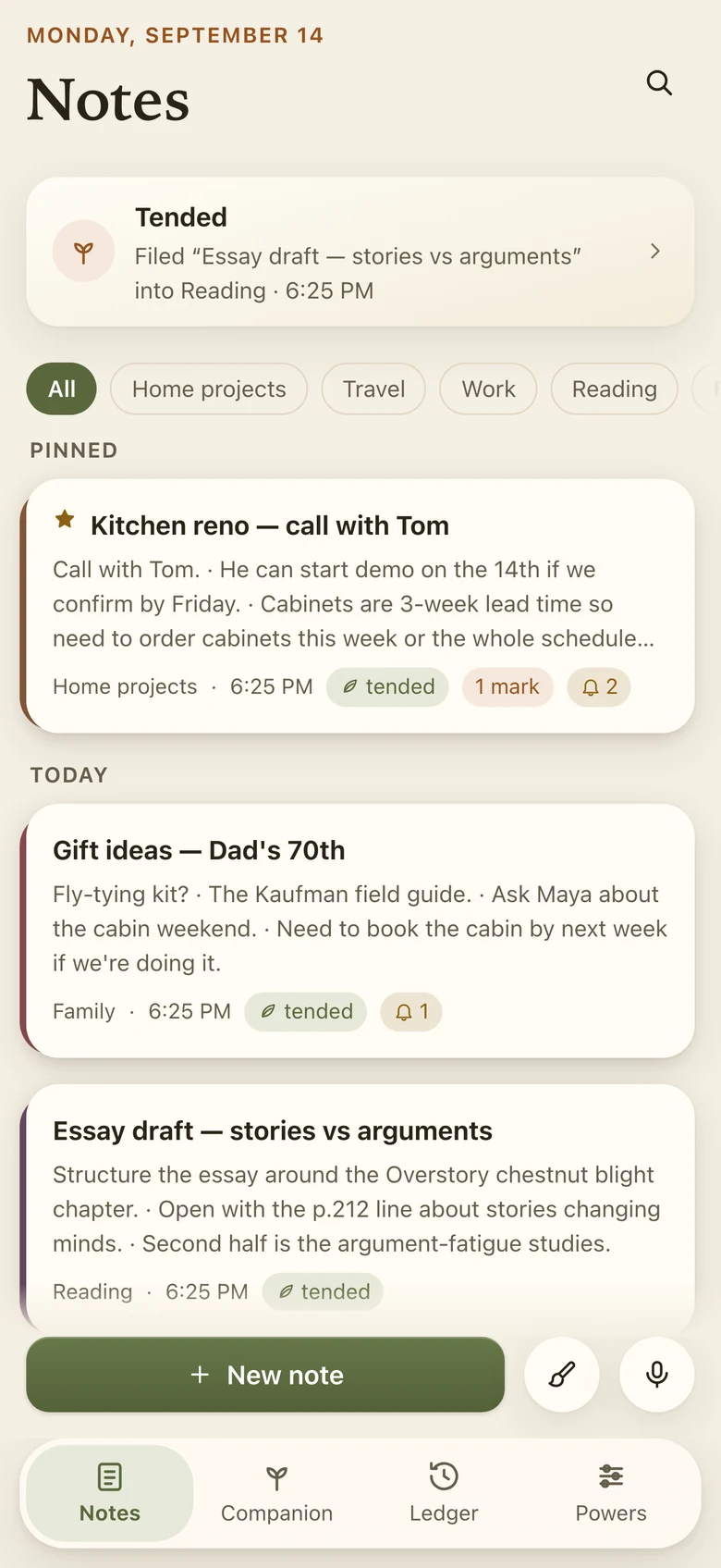 The Notes pile: pinned notes lead, sections label the day, and a digest reports what Loam tended
