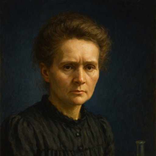 Marie Curie, painted in oils and lit from one side.