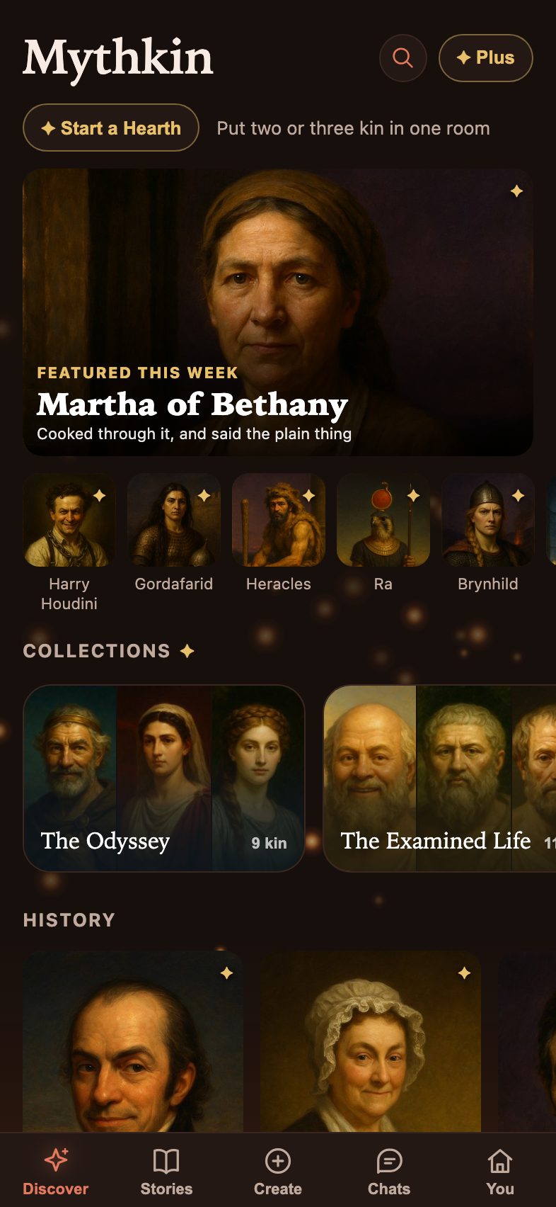 The Discover shelf: a featured character of the week above rows of painted portraits and collections.