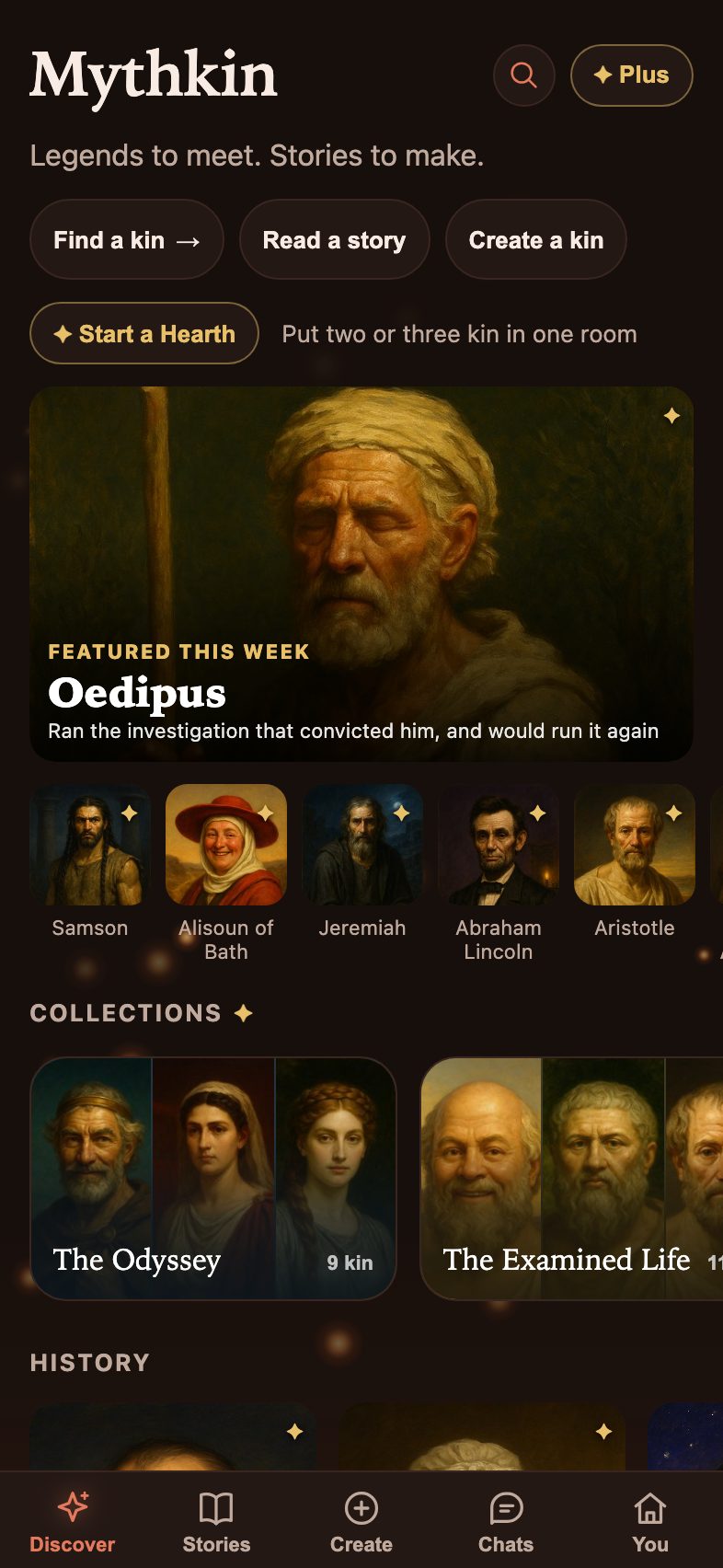 The Discover shelf: buttons to find a kin, read a story or create a kin, then a featured character of the week above a row of painted portraits and the collections.