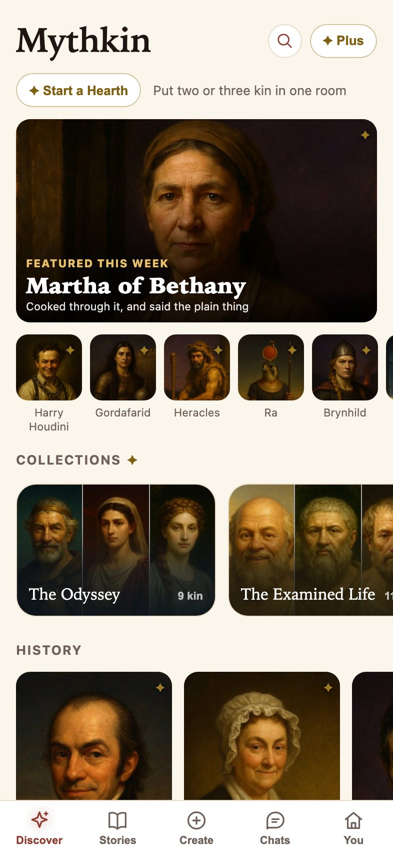 The Discover shelf: a featured character of the week above rows of painted portraits and collections.