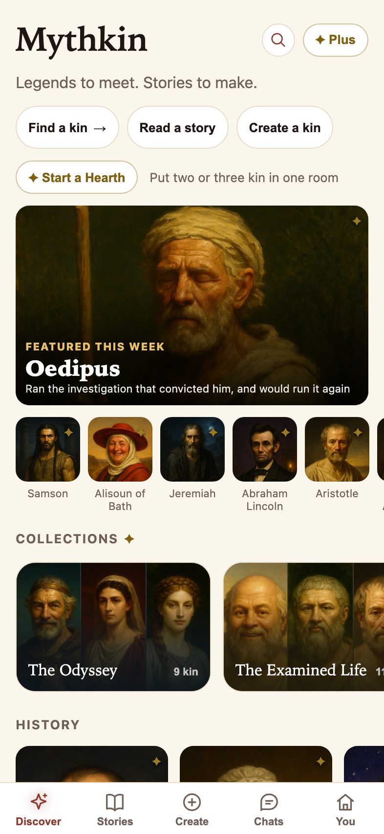 The Discover shelf: buttons to find a kin, read a story or create a kin, then a featured character of the week above a row of painted portraits and the collections.