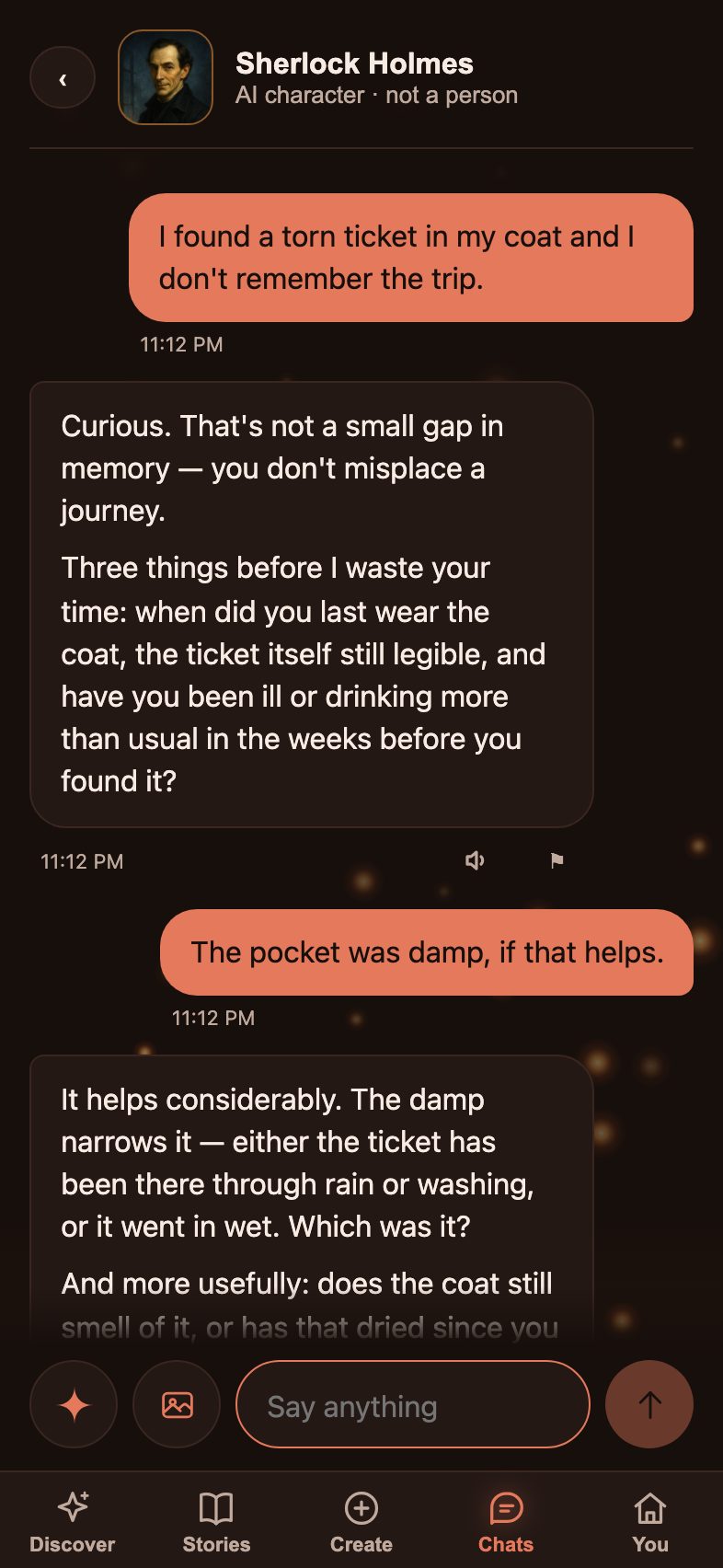 A conversation with Sherlock Holmes, who is reasoning about a torn ticket found in a coat pocket.