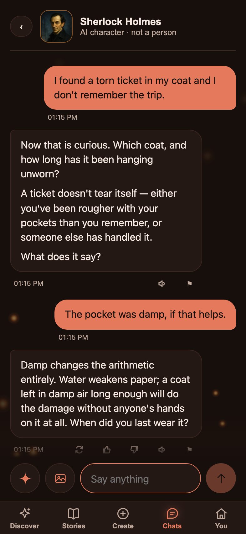 A conversation with Sherlock Holmes, who is reasoning about a torn ticket found in a coat pocket.