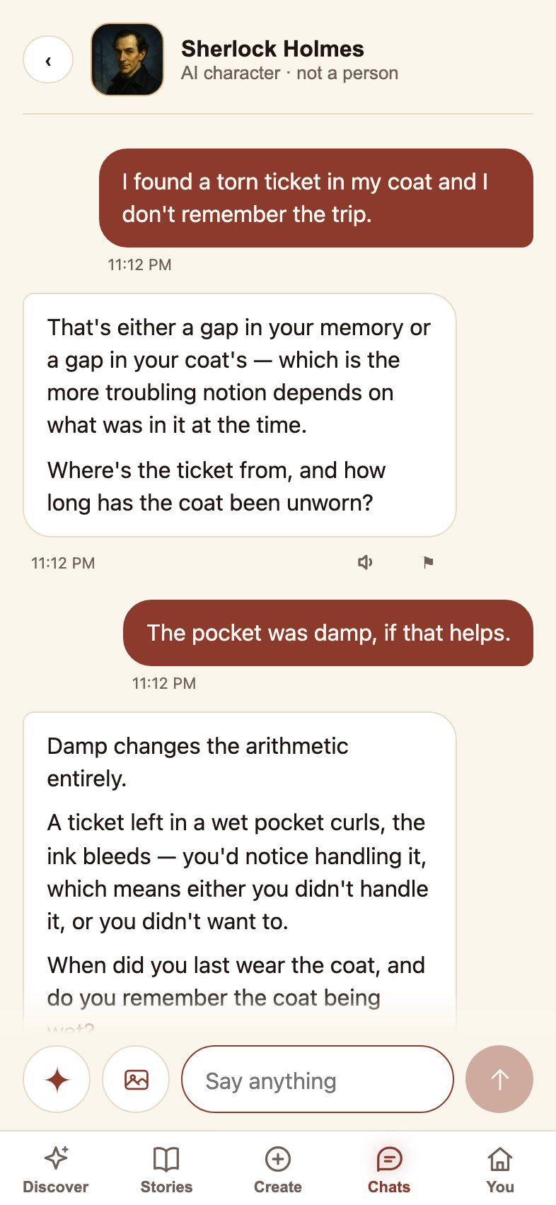 A conversation with Sherlock Holmes, who is reasoning about a torn ticket found in a coat pocket.