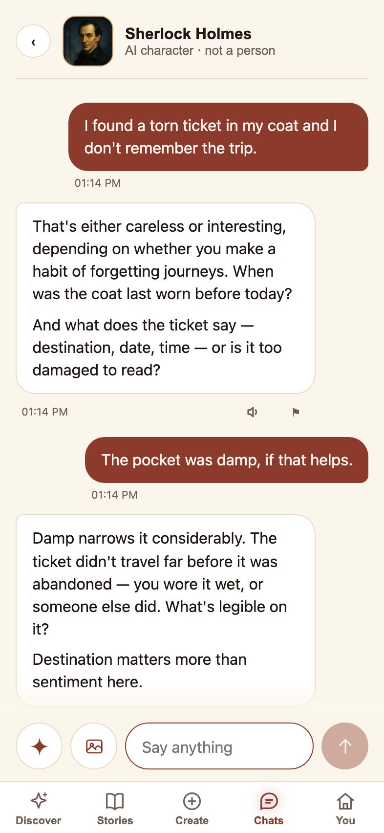 A conversation with Sherlock Holmes, who is reasoning about a torn ticket found in a coat pocket.