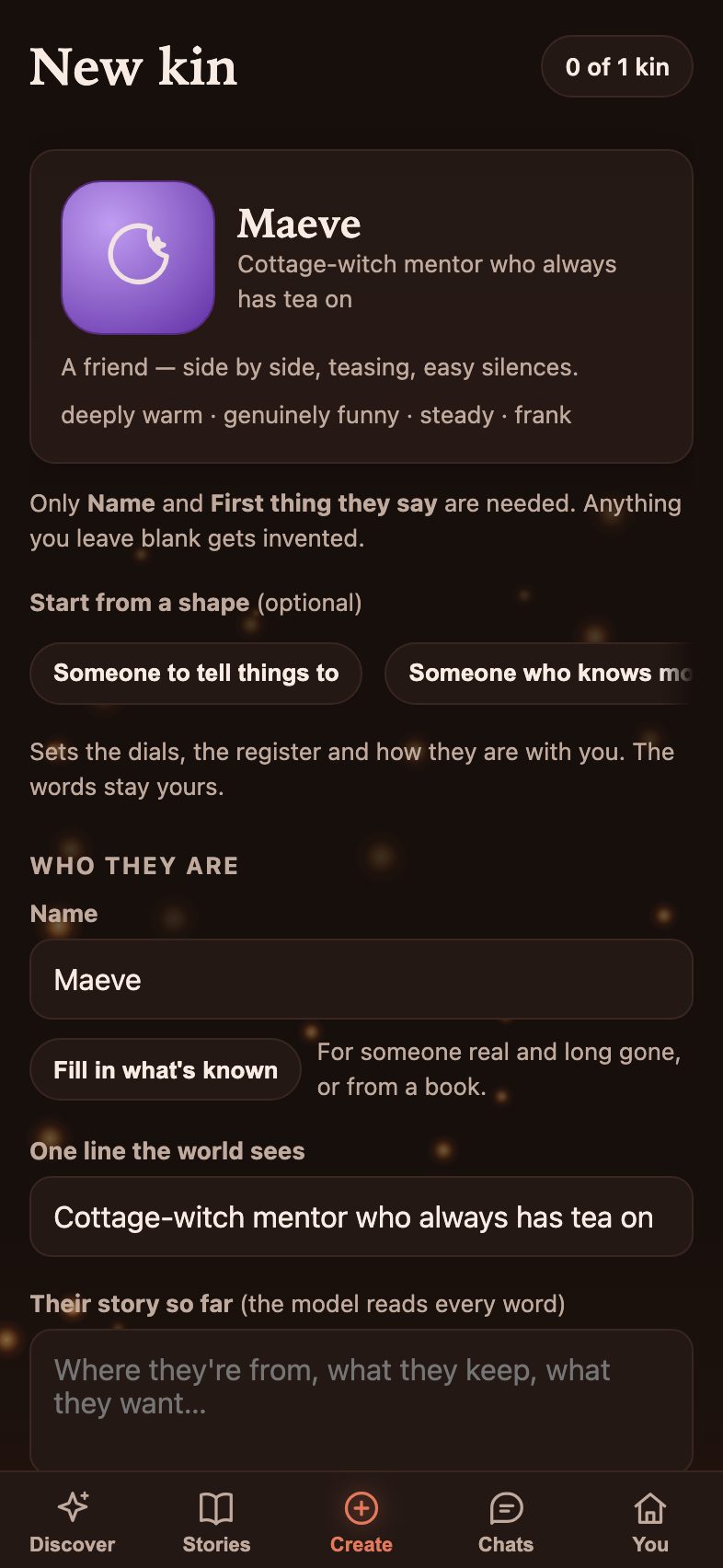 The New kin form, part filled in: a name, a one-line description, and dials for warmth, humour, energy and candour.