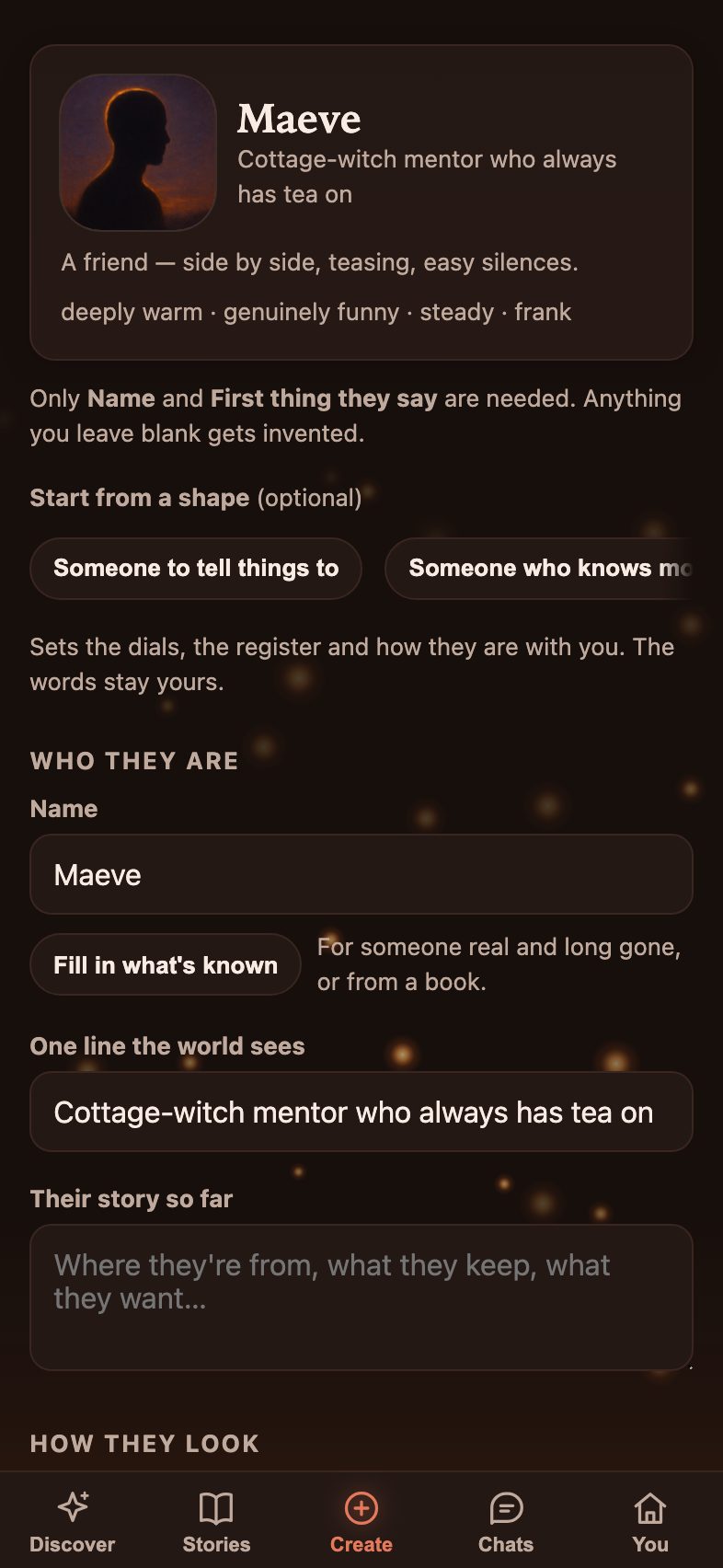 The New kin form, part filled in: a name and a one-line description, under a preview card with a silhouette where their portrait will be painted and a temperament reading warm, funny, steady and frank.