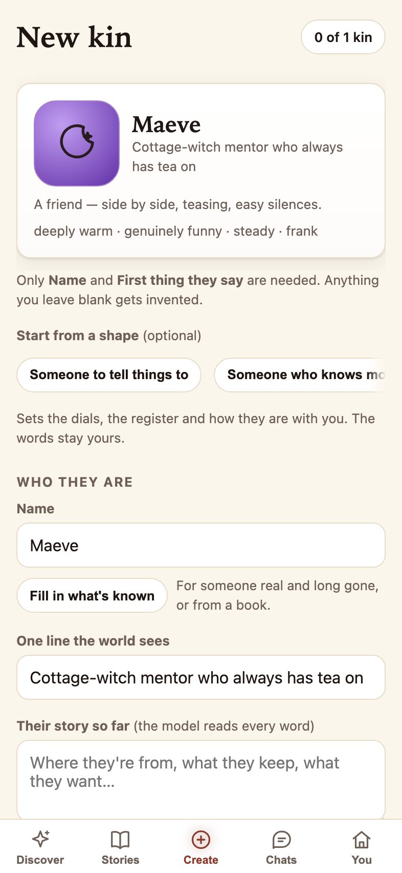 The New kin form, part filled in: a name, a one-line description, and dials for warmth, humour, energy and candour.