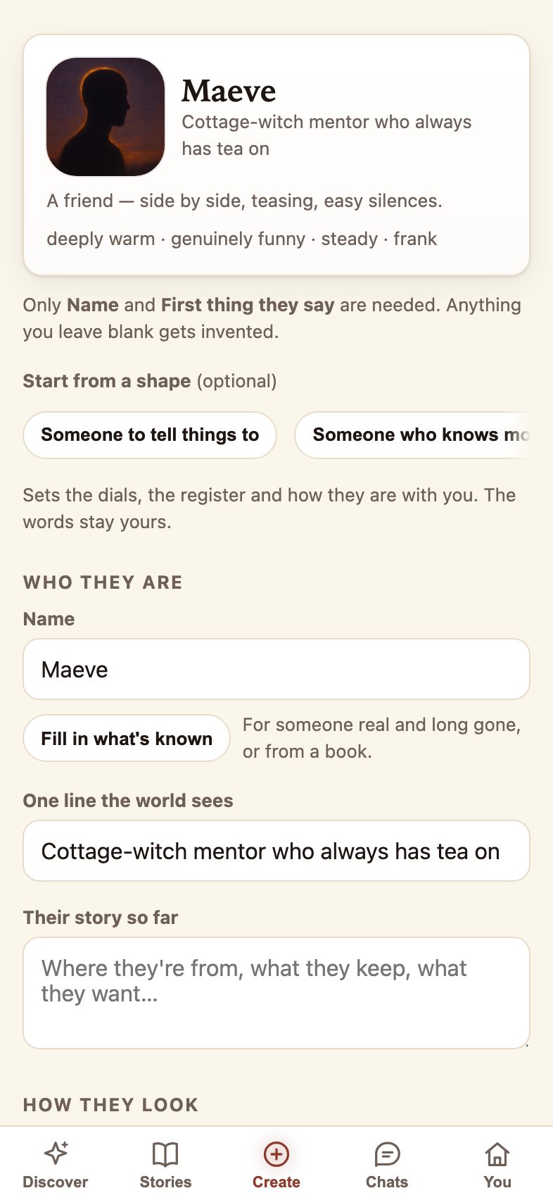 The New kin form, part filled in: a name and a one-line description, under a preview card with a silhouette where their portrait will be painted and a temperament reading warm, funny, steady and frank.