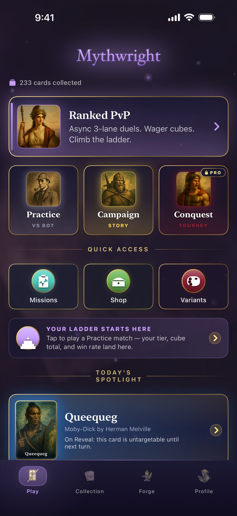 The Mythwright home screen on iPhone — Ranked PvP, Practice, Campaign, and Conquest game modes with today's featured card.
