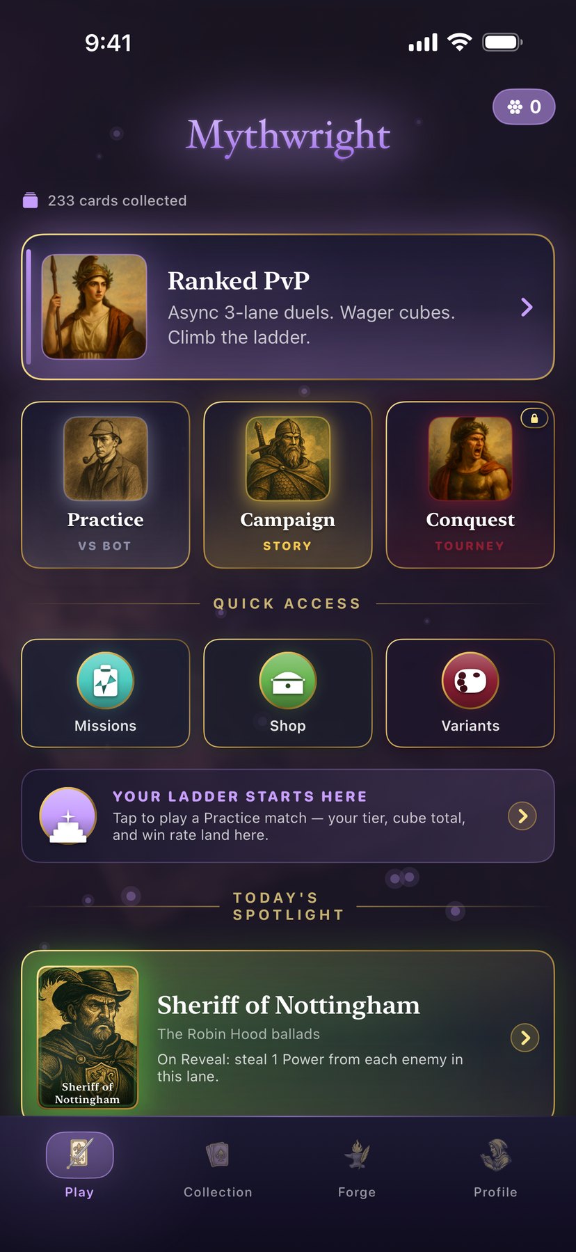 The Mythwright home screen — Ranked, Practice, Campaign, and Conquest game modes.