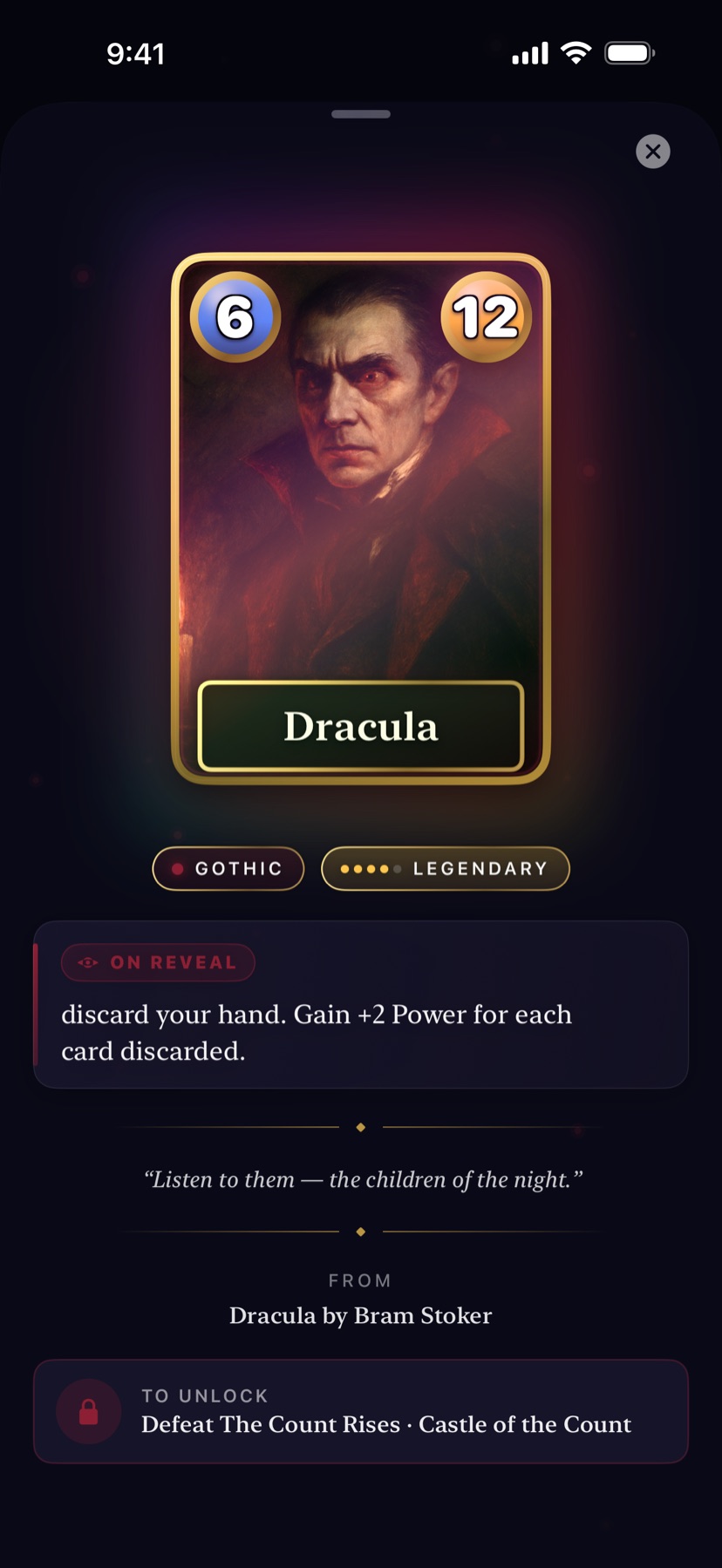 A Mythwright card detail — a Legendary card with its On Reveal ability and flavor quote.