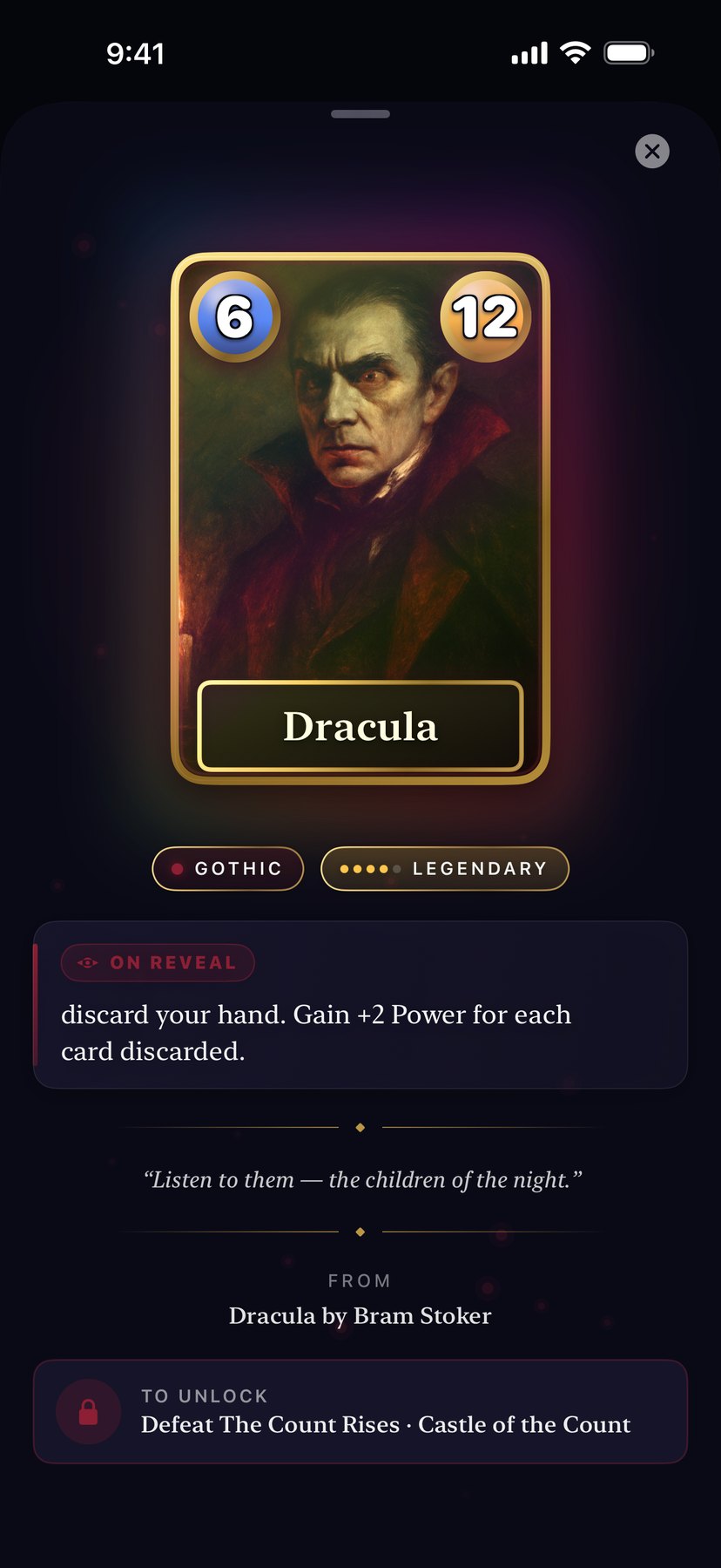 A Mythwright card detail — a Legendary card with its On Reveal ability and flavor quote.
