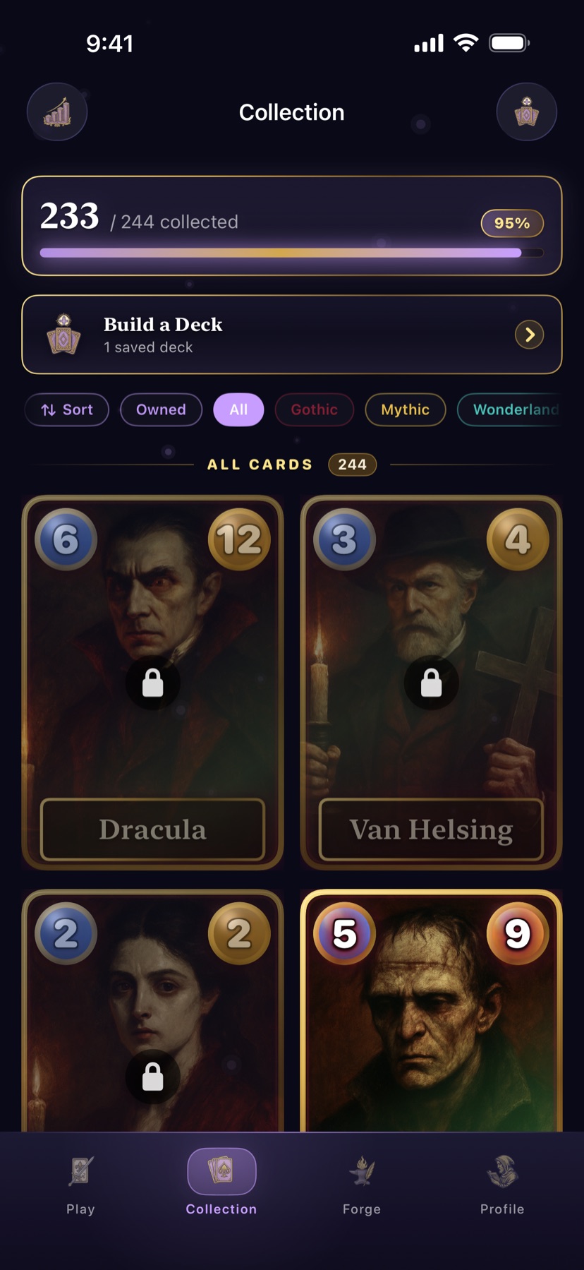 The Mythwright collection screen — illustrated cards of Dracula, Van Helsing, and other literary legends.