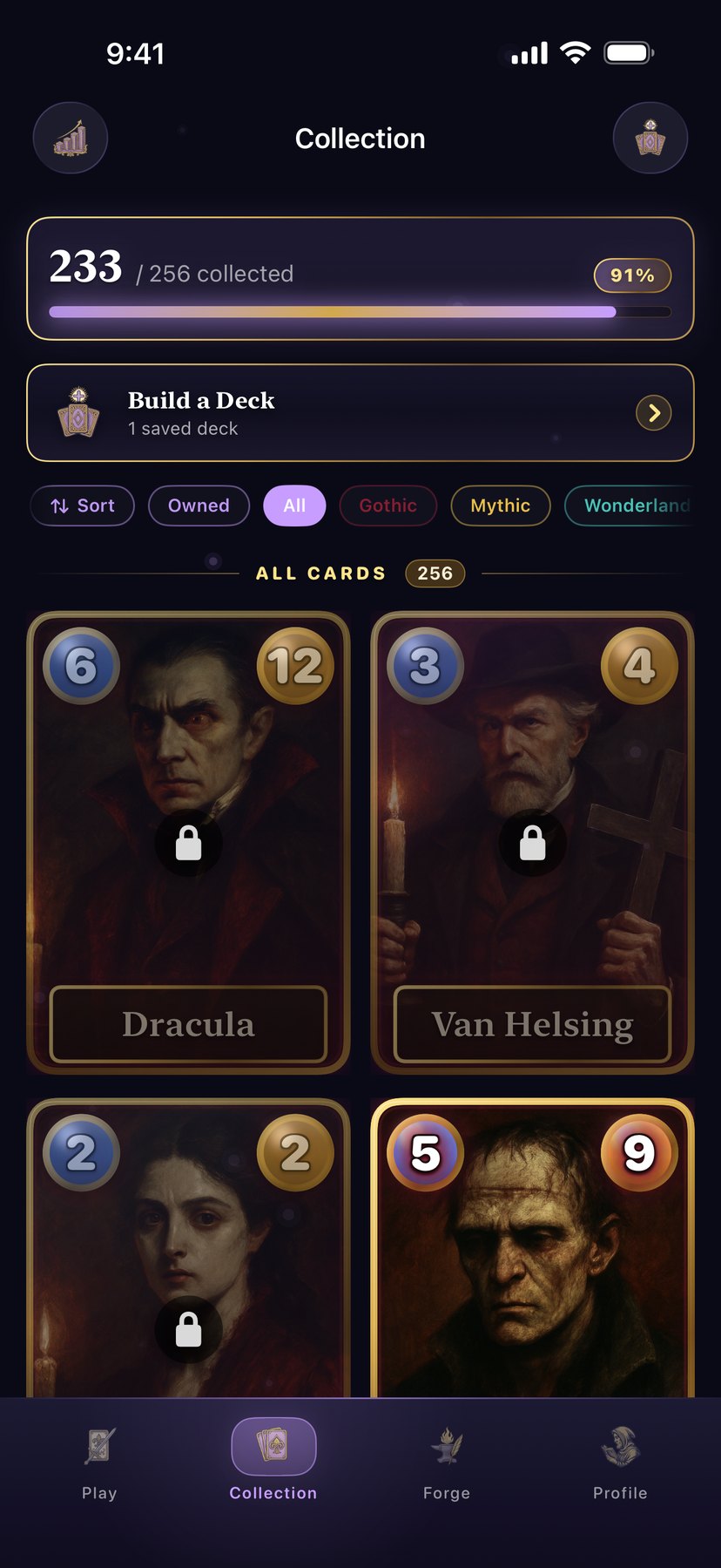 The Mythwright collection screen — illustrated character cards from classic literature and myth.