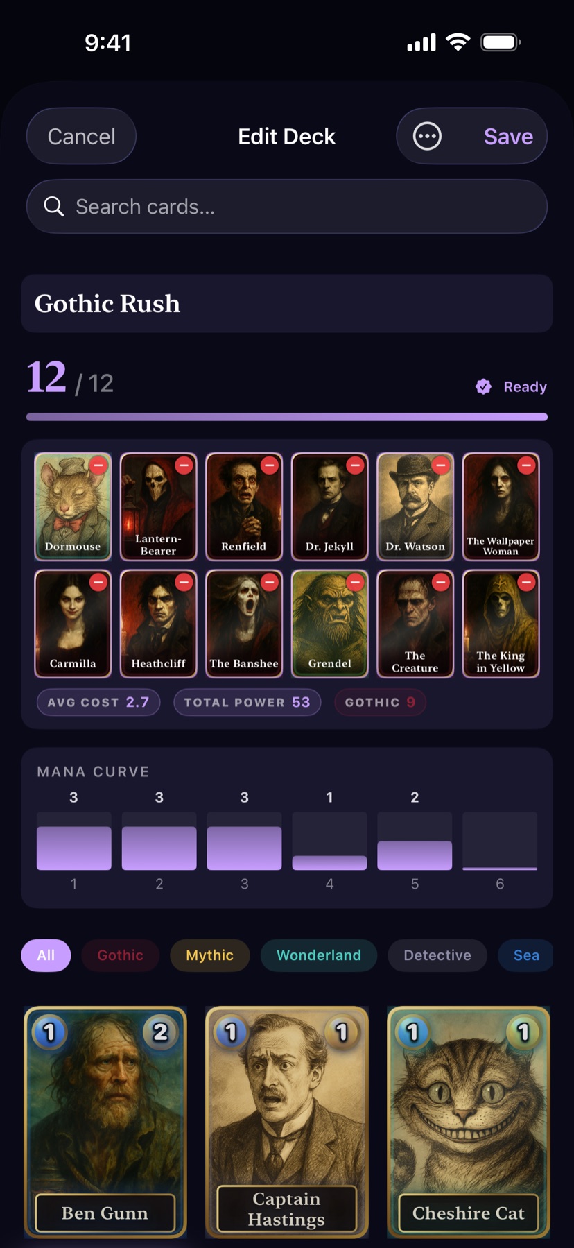 The Mythwright deck builder — assembling a twelve-card deck from the collection.