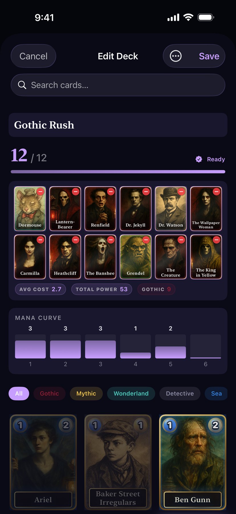 The Mythwright deck builder — assembling a twelve-card deck from the collection.
