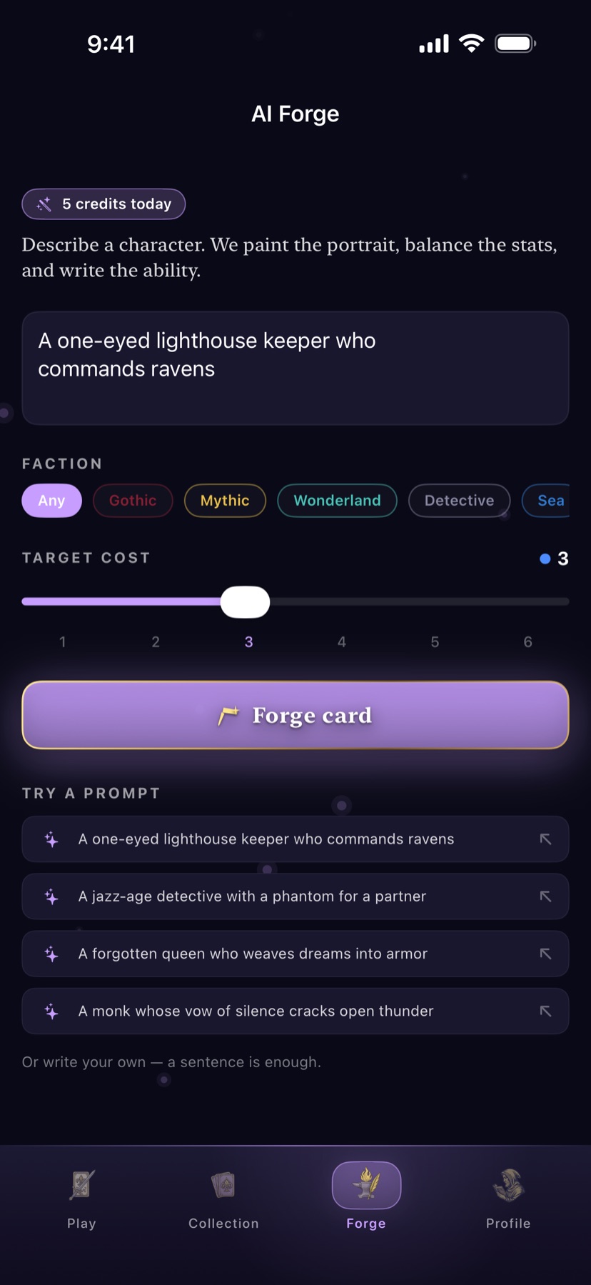 The Mythwright AI Forge — describe a character and it paints the art, balances the stats, and writes the ability.