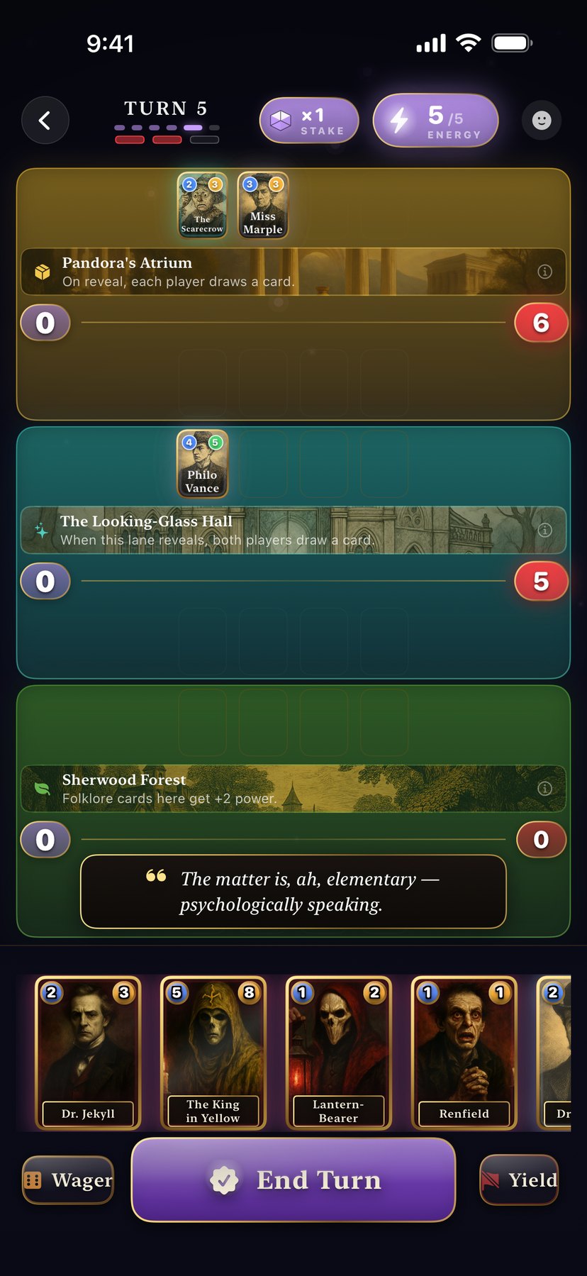 A Mythwright match mid-game — character cards committed across three contested lanes.
