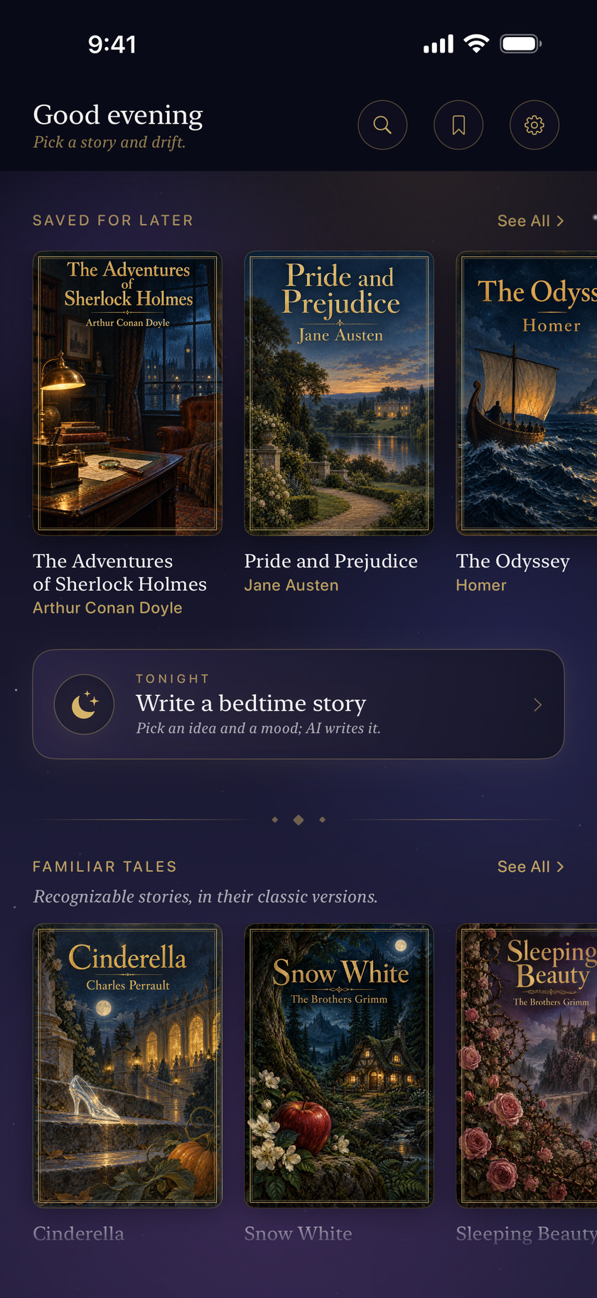 Nightshelf home with illustrated books saved for later and the bedtime story creator.