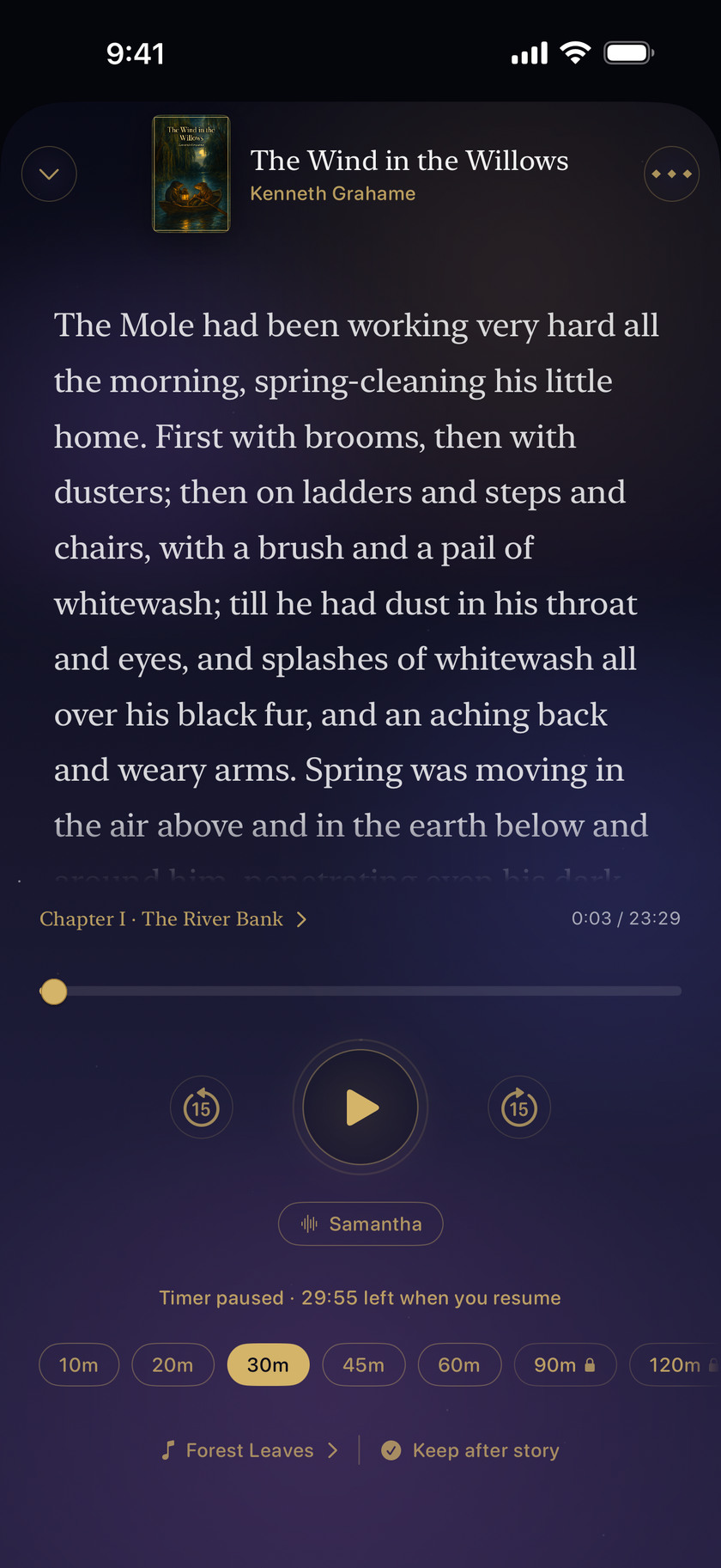 Nightshelf reader paused on The Wind in the Willows, with playback controls and a 30-minute sleep timer.