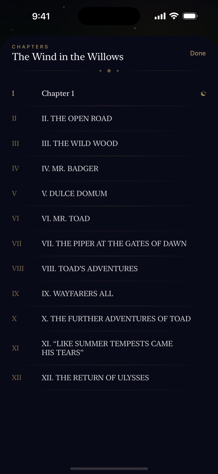 The Nightshelf chapter list for The Wind in the Willows — jump to any chapter with one tap.