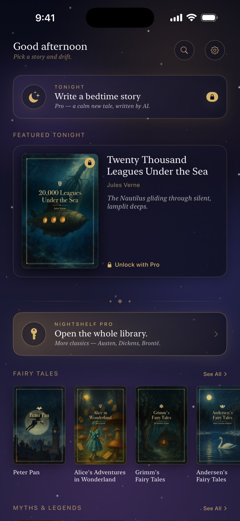 The Nightshelf home screen on iPhone — the Pro bedtime-story writer, a featured classic marked Unlock with Pro, and the free Fairy Tales shelf.