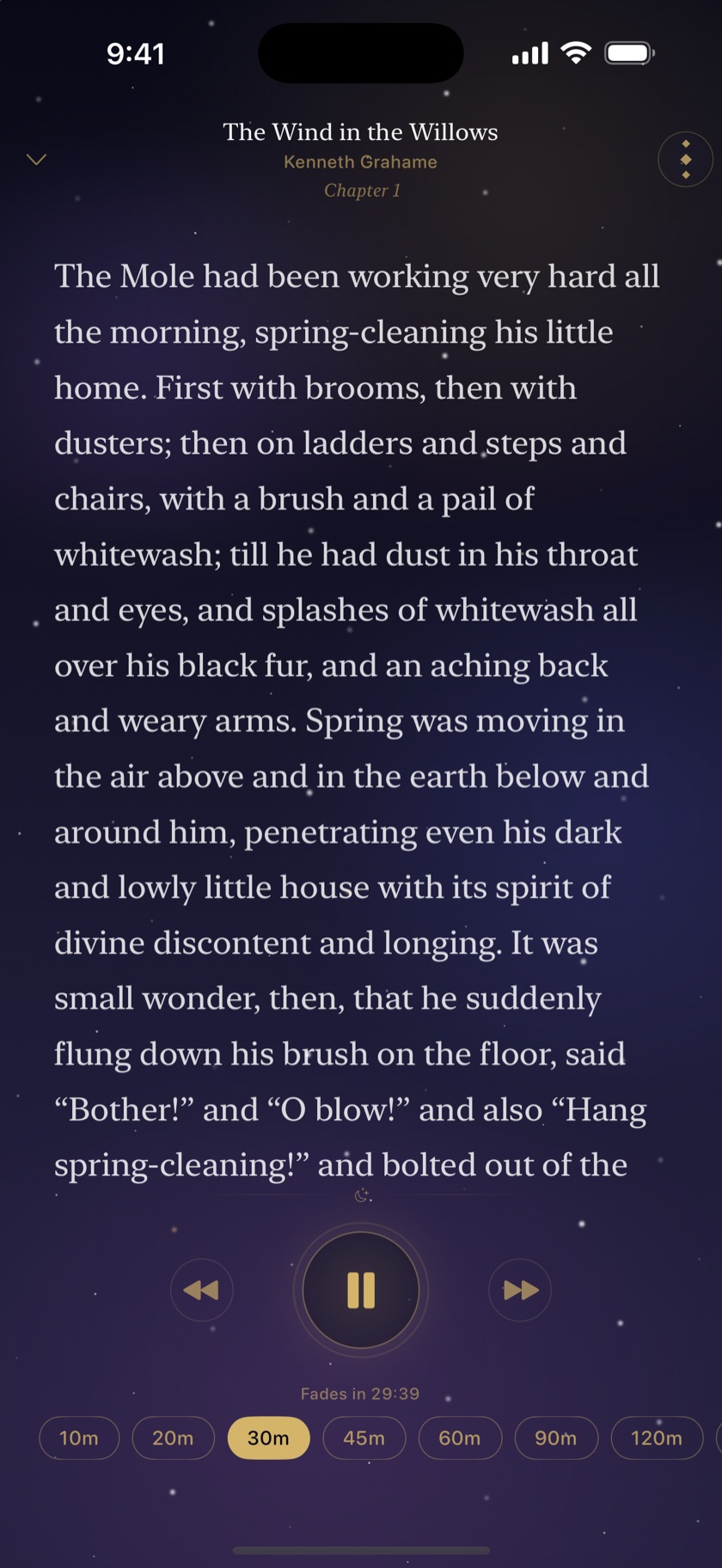 The Nightshelf reader playing The Wind in the Willows aloud, with a sleep-timer that fades the narration out.
