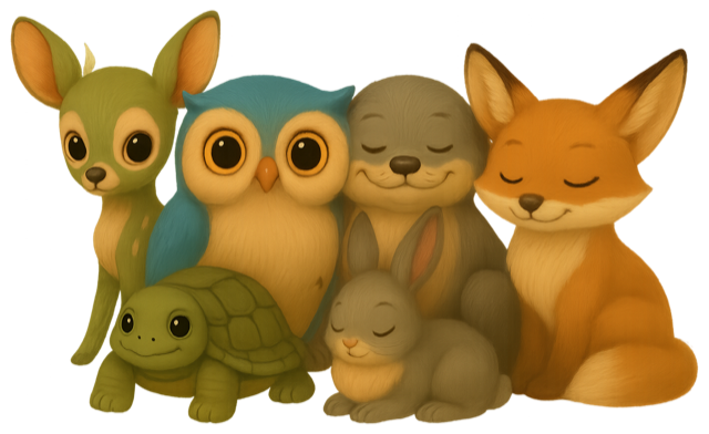 A painted portrait of the six Quietoak companions together — a fawn, an owl, an otter, a fox, a tortoise and a rabbit, gathered in warm light