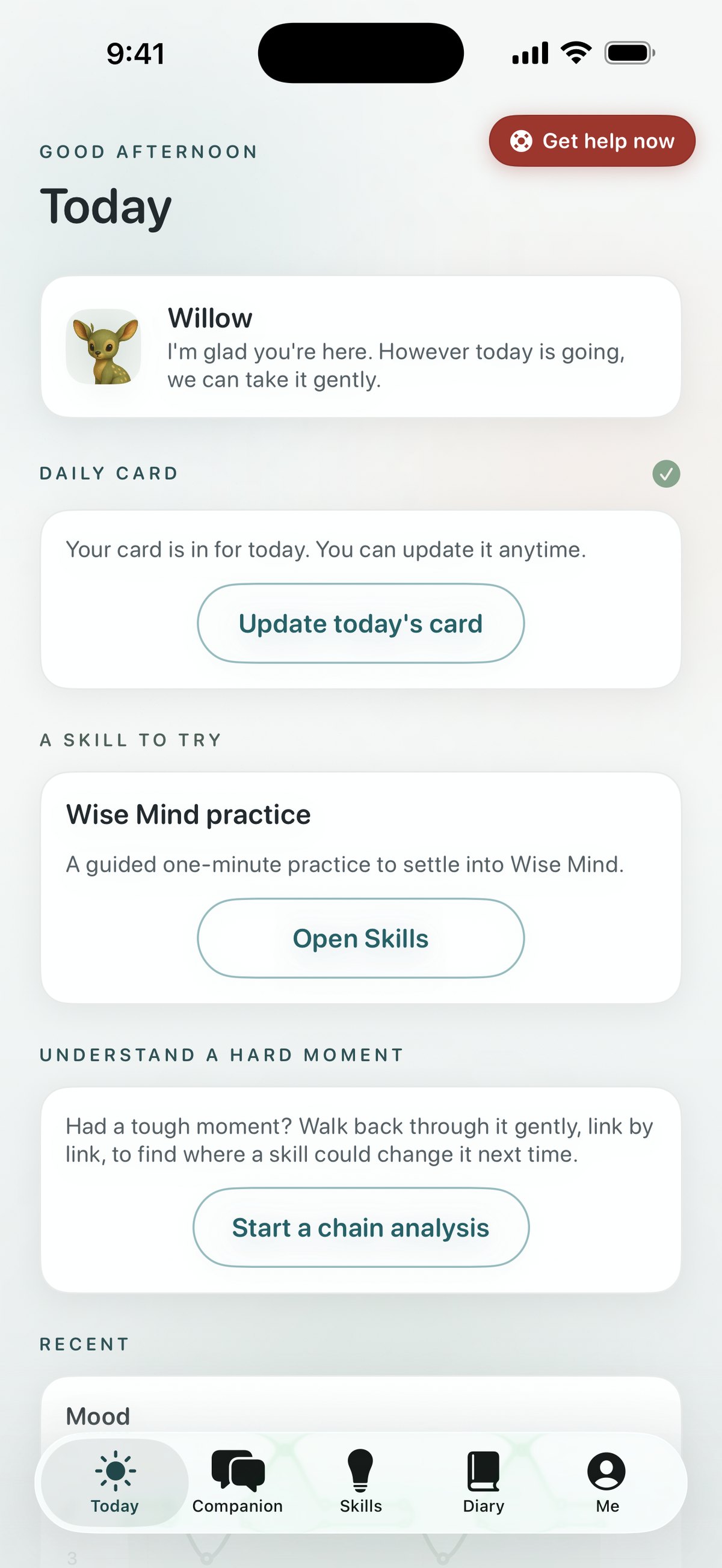 Quietoak Today tab — a companion greeting and a one-minute check-in