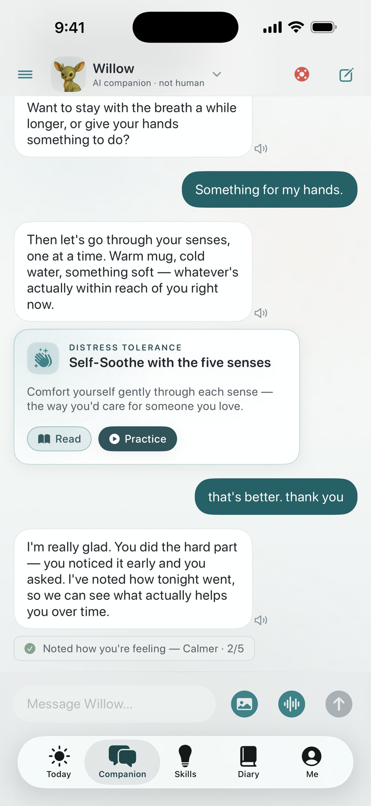 Quietoak companion bringing the Self-Soothe with the five senses skill into the chat, and quietly noting how the user is feeling
