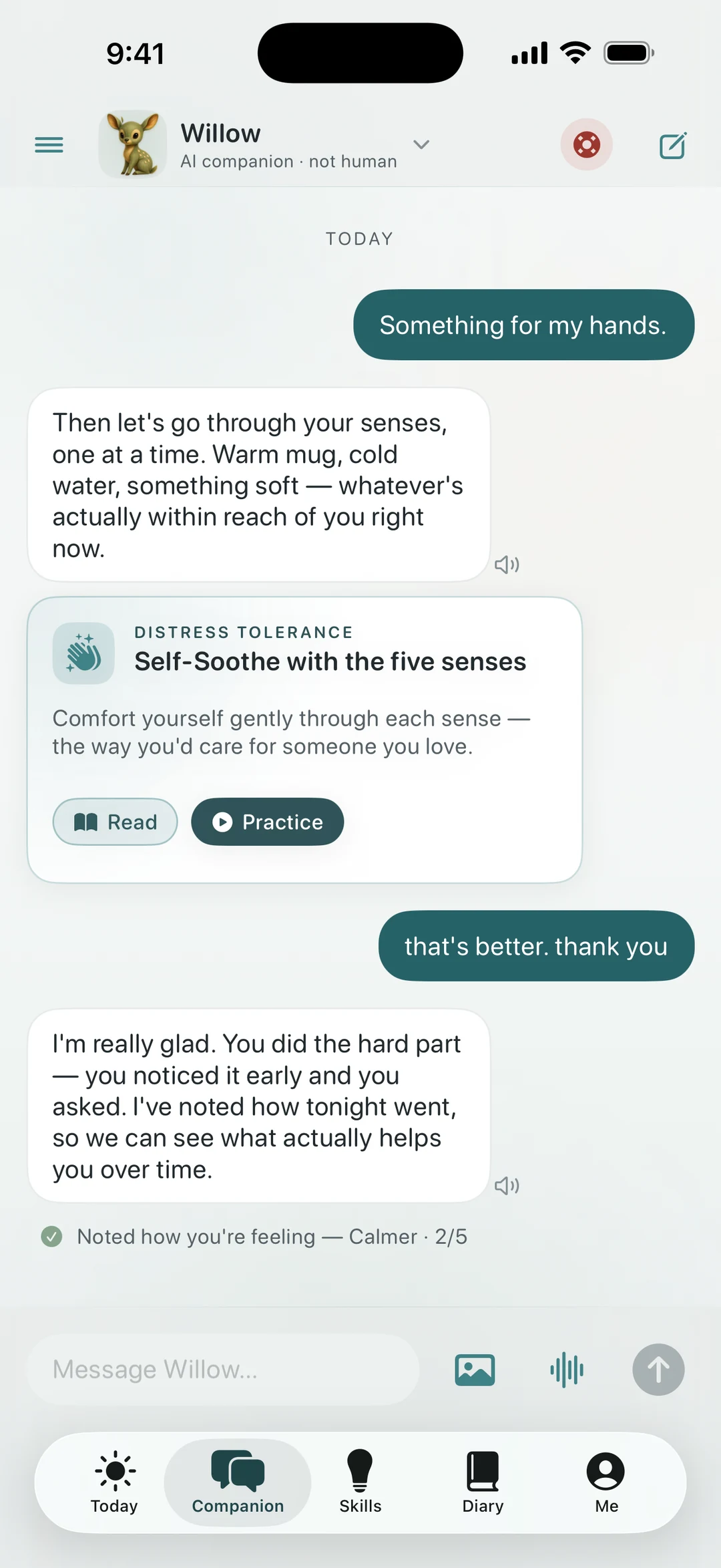 Quietoak companion bringing the Self-Soothe with the five senses skill into the chat, and quietly noting how the user is feeling