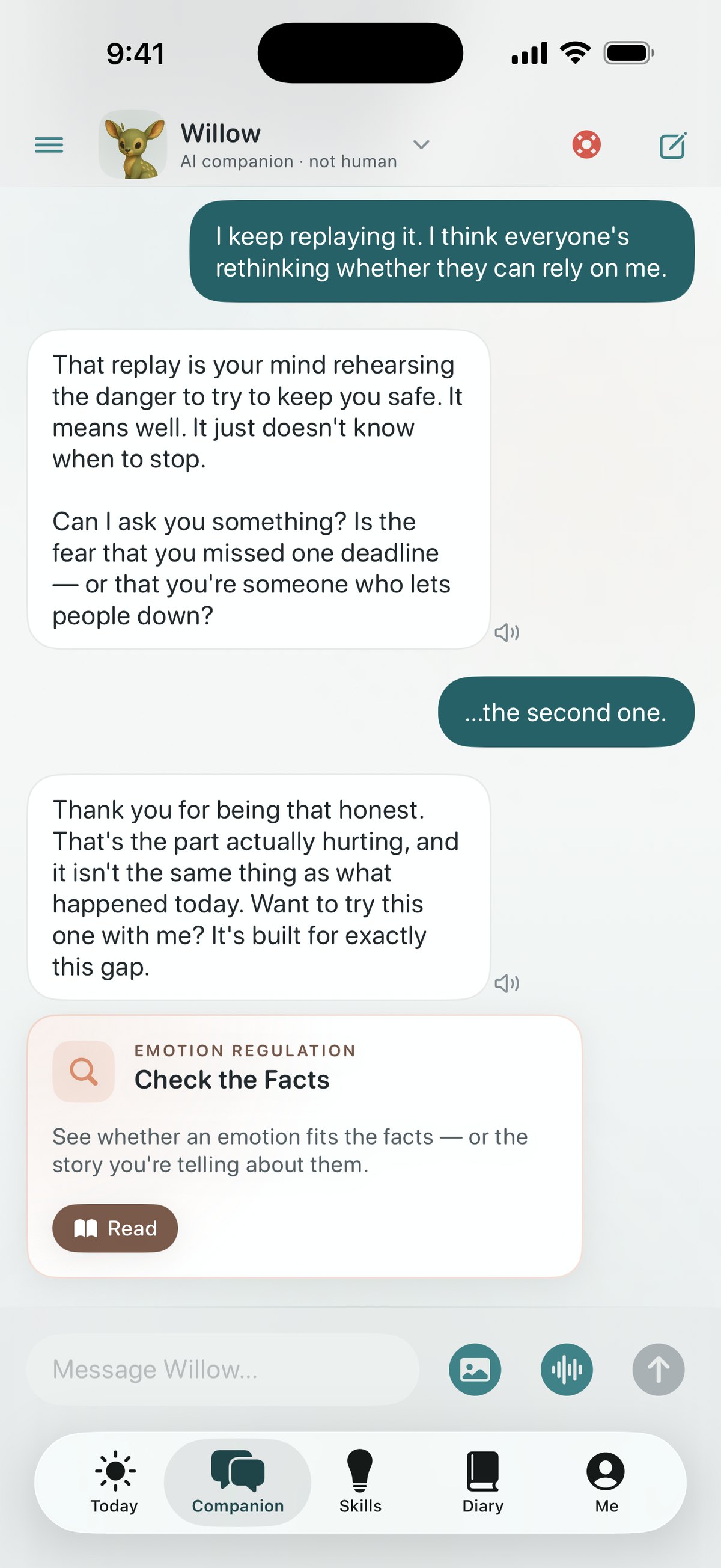 Quietoak companion listening — validating what happened before offering the Check the Facts skill