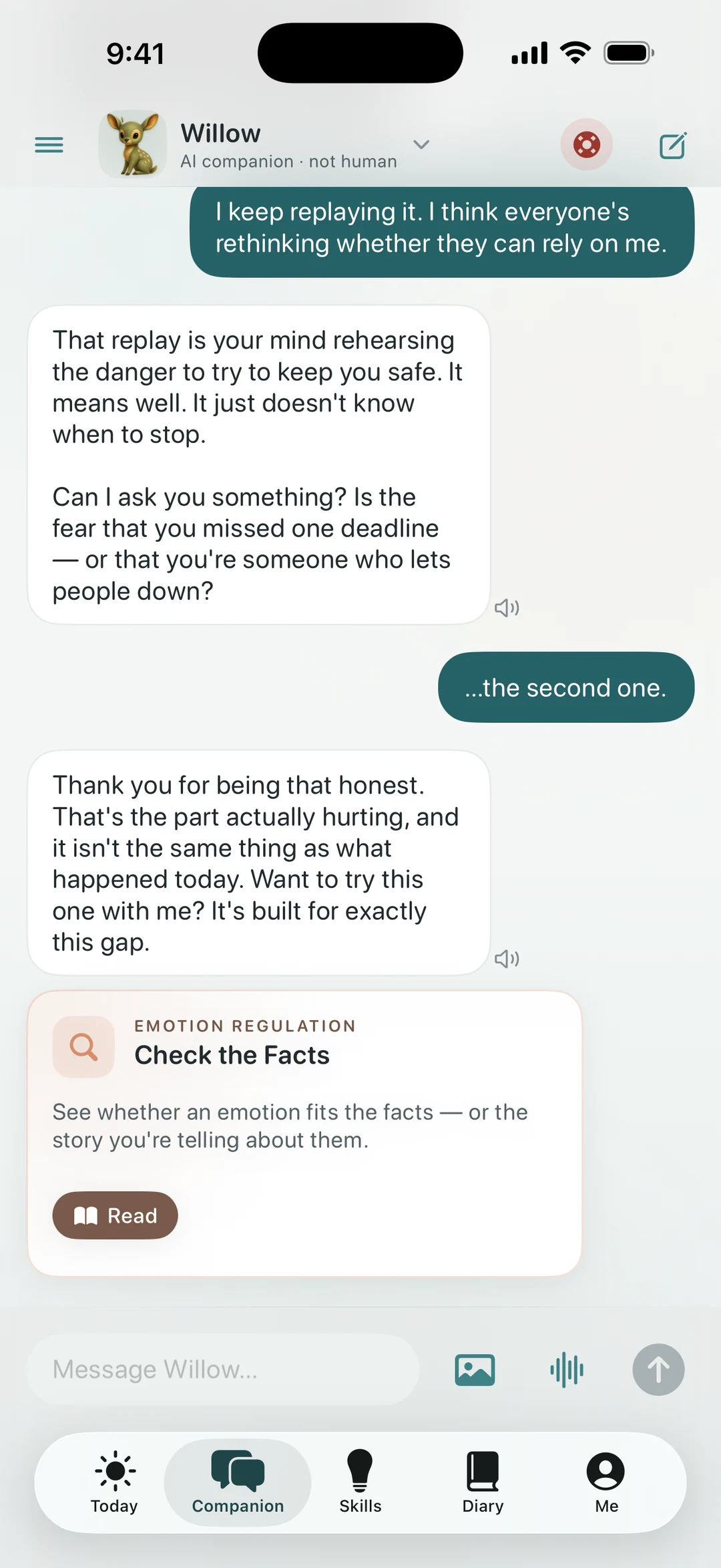 Quietoak companion listening — validating what happened before offering the Check the Facts skill