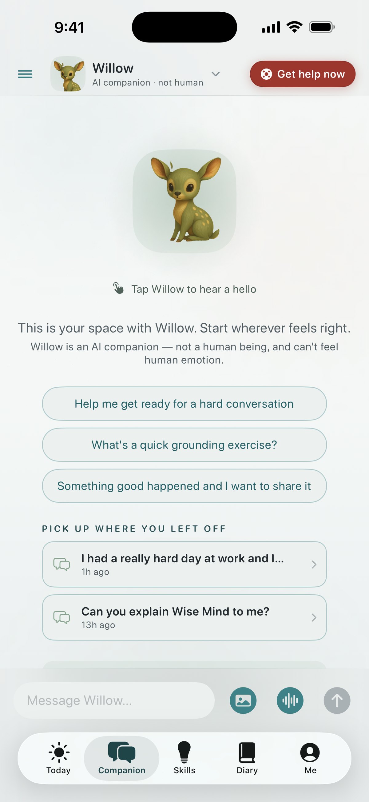 Quietoak companion chat — a Pick up where you left off list of earlier talks, ready to resume