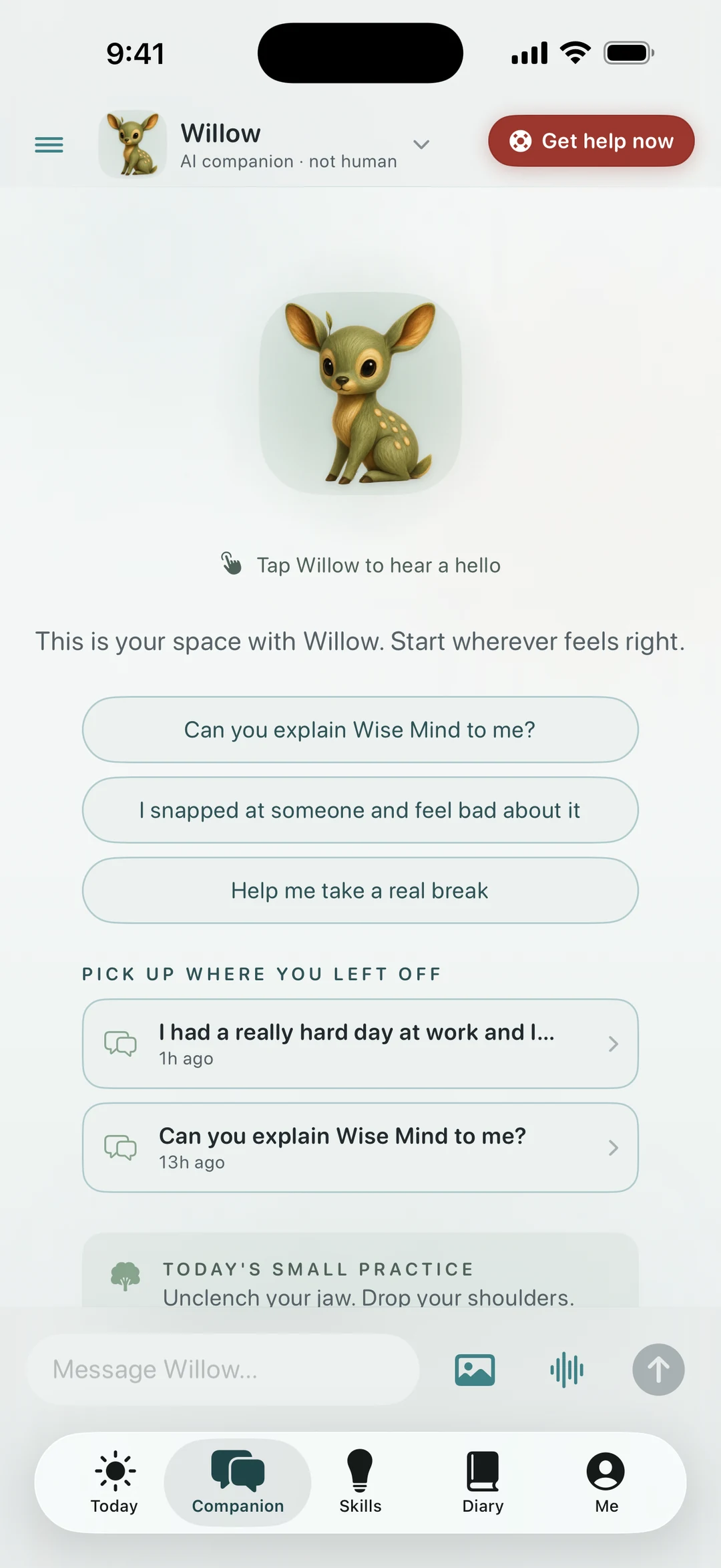 Quietoak companion screen with Willow, conversation starters, and saved talks